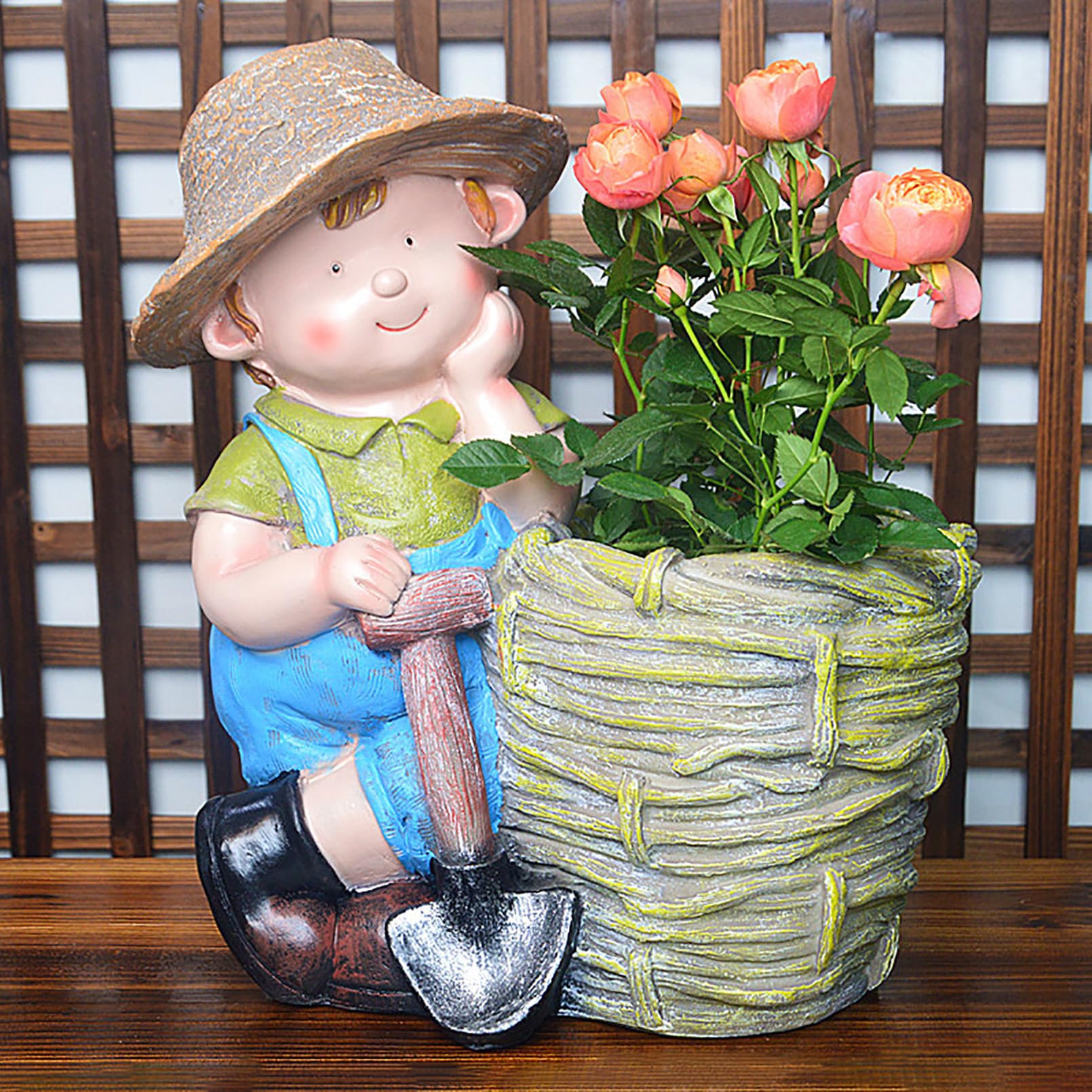 Grande Figura da Giardino con Vaso di Fiori Decorazione da Giardino per Esterni, Simpatico Personaggio dei Cartoni Animati da Statua Figura, Resistente alle intemperie,Verde,40x33x20cm