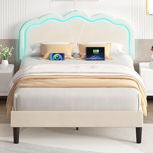 Miniatura 34 de VECELO Base de cama tapizada de tamaño individual con cabecero ajustable, luces LED, USB-A y tipo C, plataforma de terciopelo sin ruido, base de