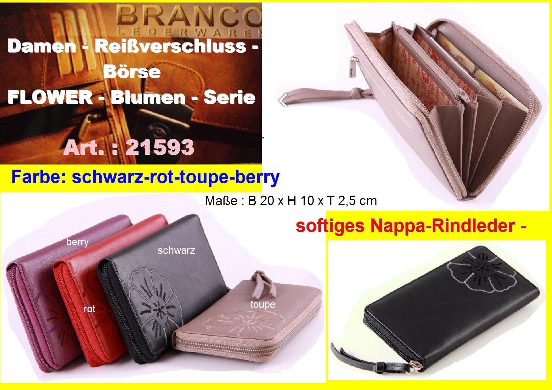 (2) b1593 pour femme framboise toupe, black flower cuir branco lefox/20 cm