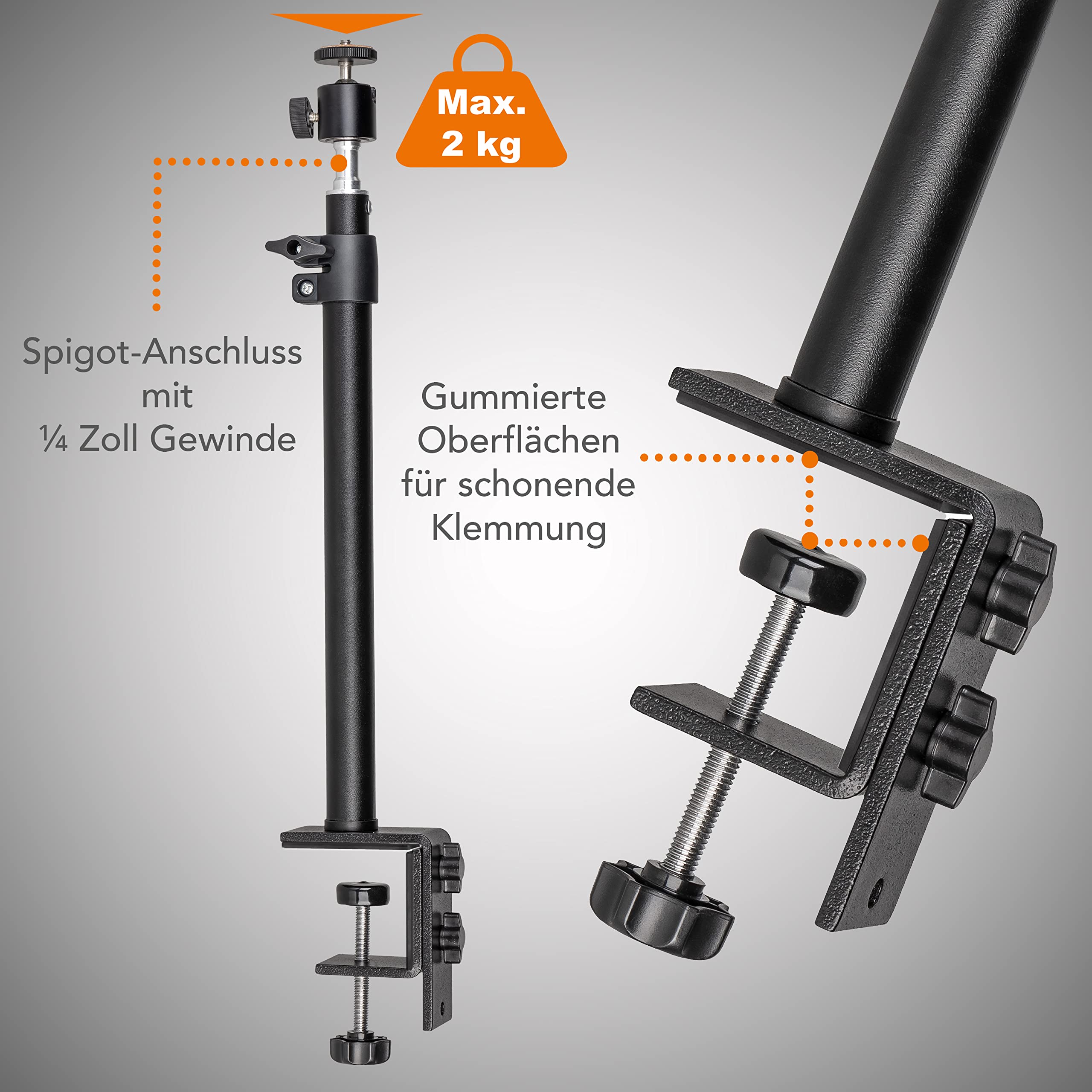 Walimex pro Table Top Lampenstativ 2er-Set höhenverstellbar 35-65 cm, Tischstativ mit Kugelkopf für 360° Drehung und 90° Neigung, Stativ mit Klemmhalterung für Studiobeleuchtung und Kamera