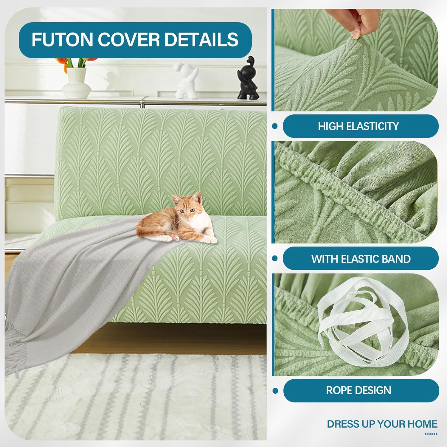 Futon Slipcover Without Armless, Stretch Futon Cover Soft Thick Armless Sofa Cover Universal Washable Sofa Bed Cover-Green-Large
