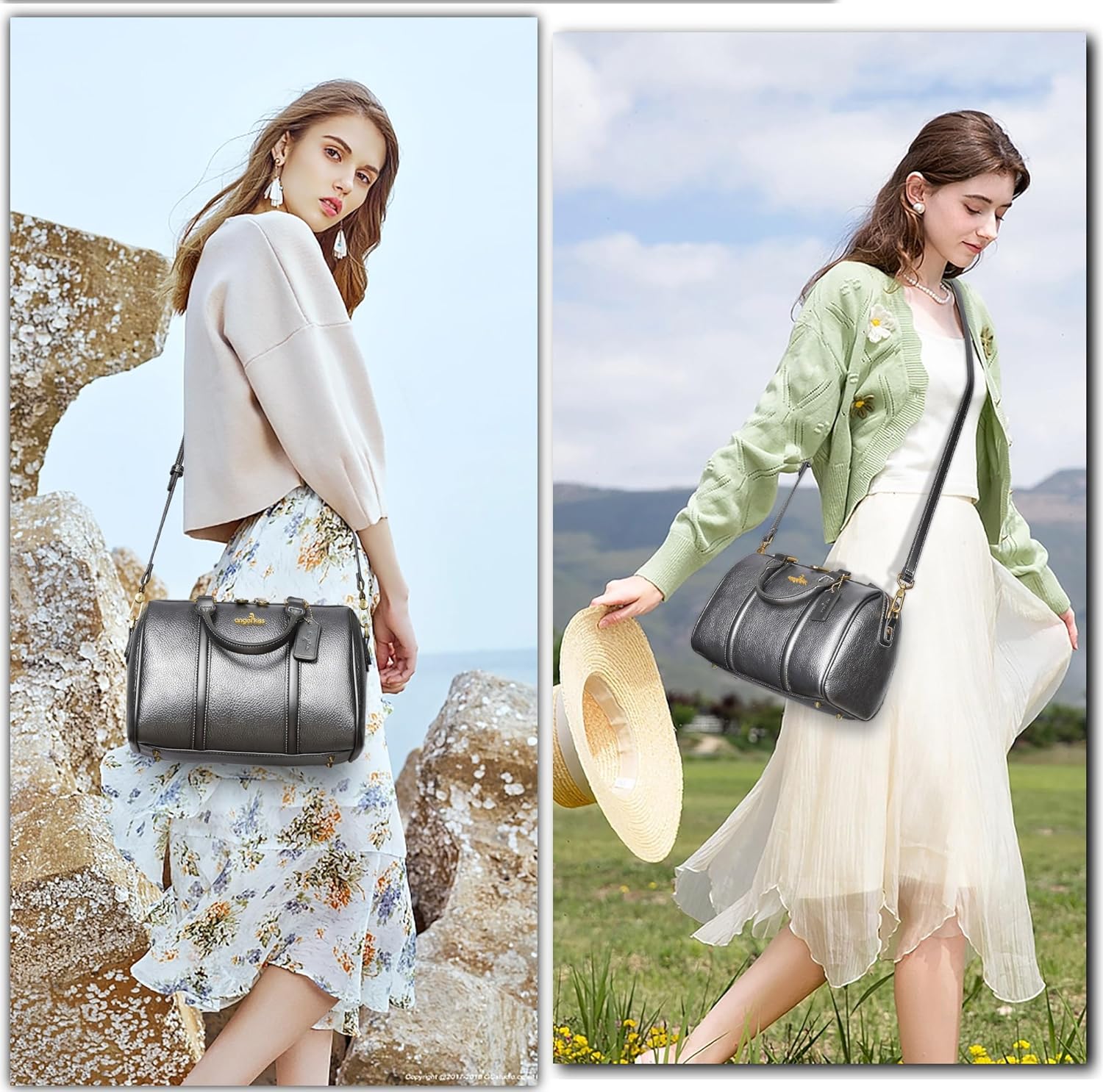 Angel Kiss Women Satchel Purses and Handbags Vegan Leather Boston Barrel Bag Top Handle Shoulder Purse with Crossbody Strap | Vegan Leather, Top Handle, Crossbody Strap - Image 2