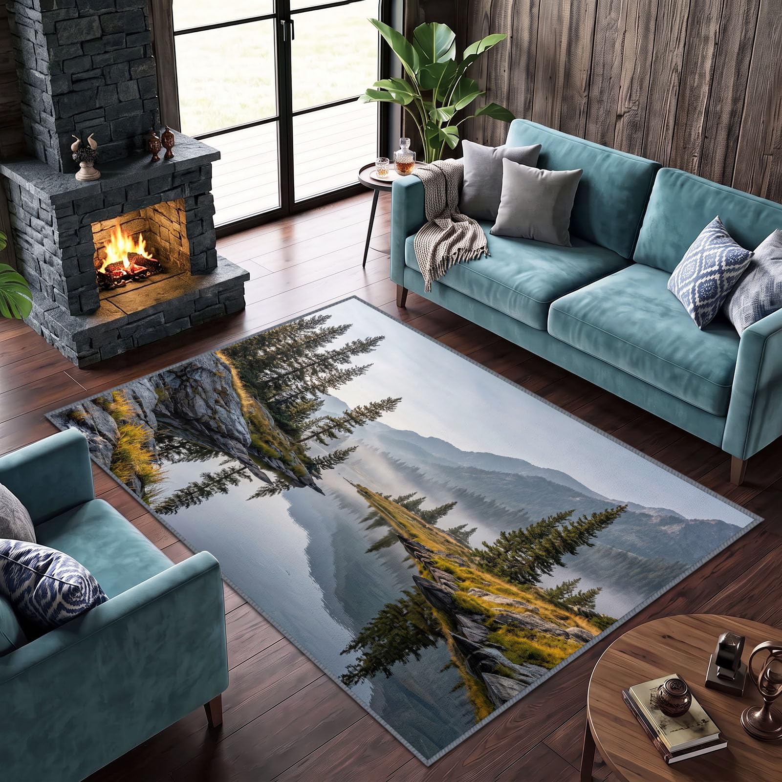 Teppich Wohnzimmer 180 x 240 cm Aquarell Natur See Kiefern 3D Druck Flanell Kurzflor Teppich Waschbar & rutschfest, Saugroboter Geeignet, Ästhetischer Schlafzimmerteppich Vorleger, Blaugrau