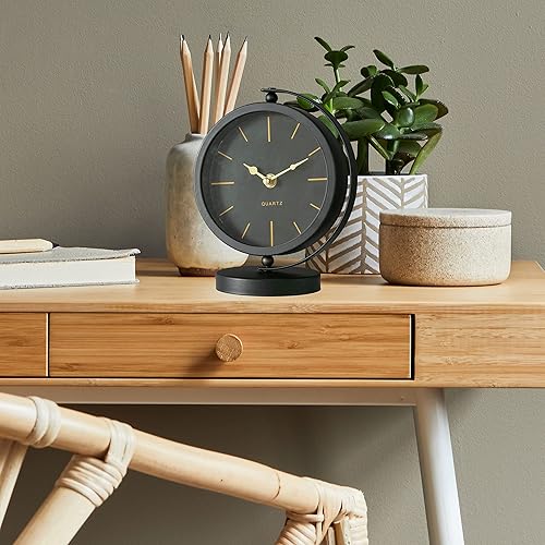 Miniatura 2 de WHW Whole House Worlds Reloj de escritorio moderno de mediados de siglo, negro, detalles dorados, movimiento de cuarzo, hierro, redondo, montado,