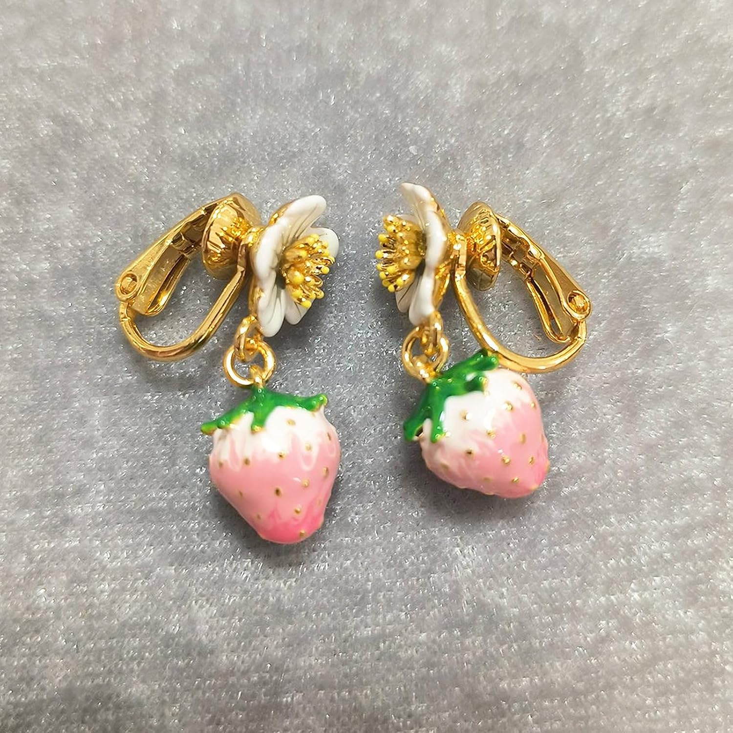 Pink Strawberry Flower Drop Earrings - Cute Enamel Fruit & Floral Earrings for Women, 18K Gold Plated Dainty Aesthetic Jewelry