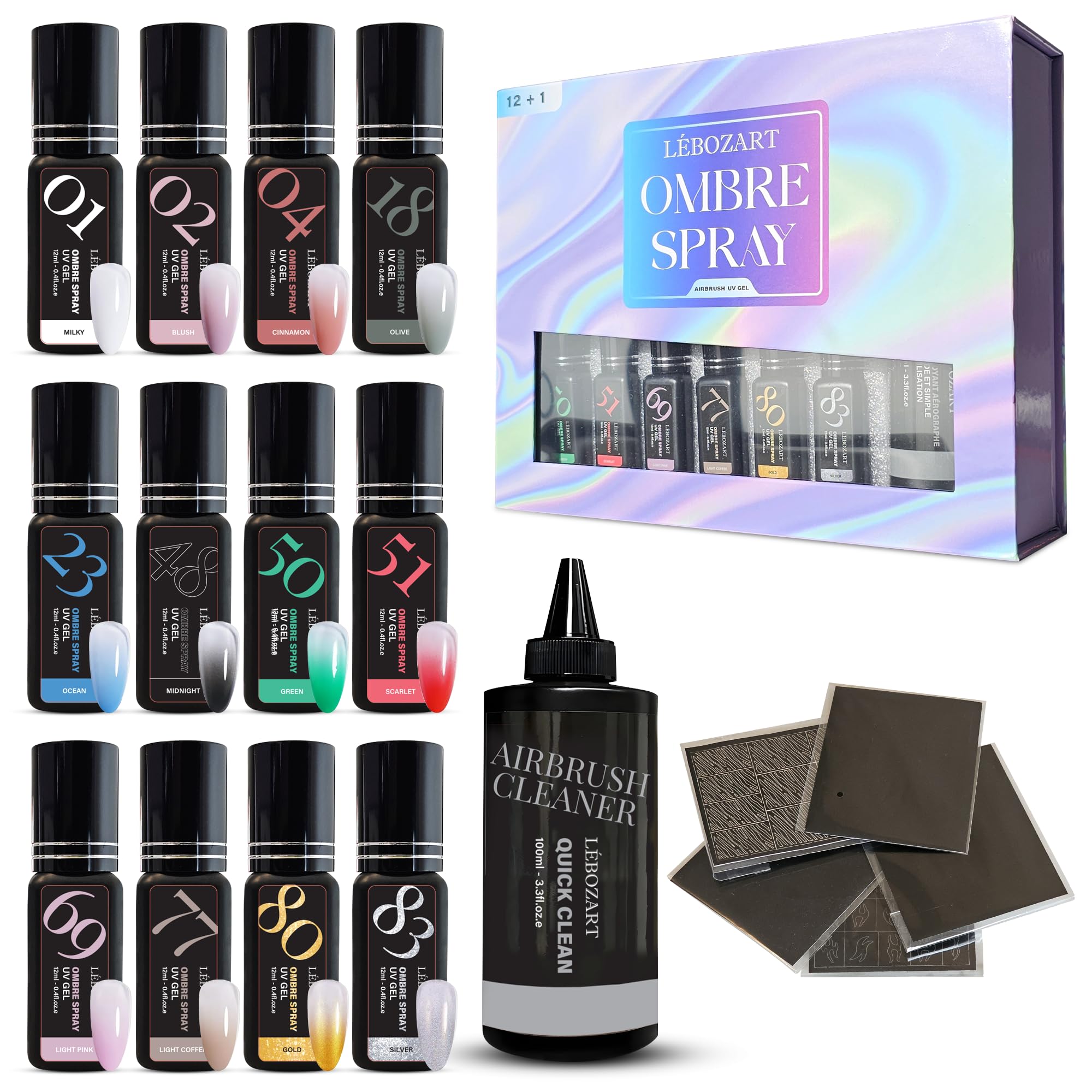 Kit 12 Vernis Semi-Permanent Gel UV Airbrush Ongle – Nail Art – Séchage Rapide Lampe UV/LED – Haute Pigmentation – Manucure Ongles – Nettoyant aérographe – Pochoir