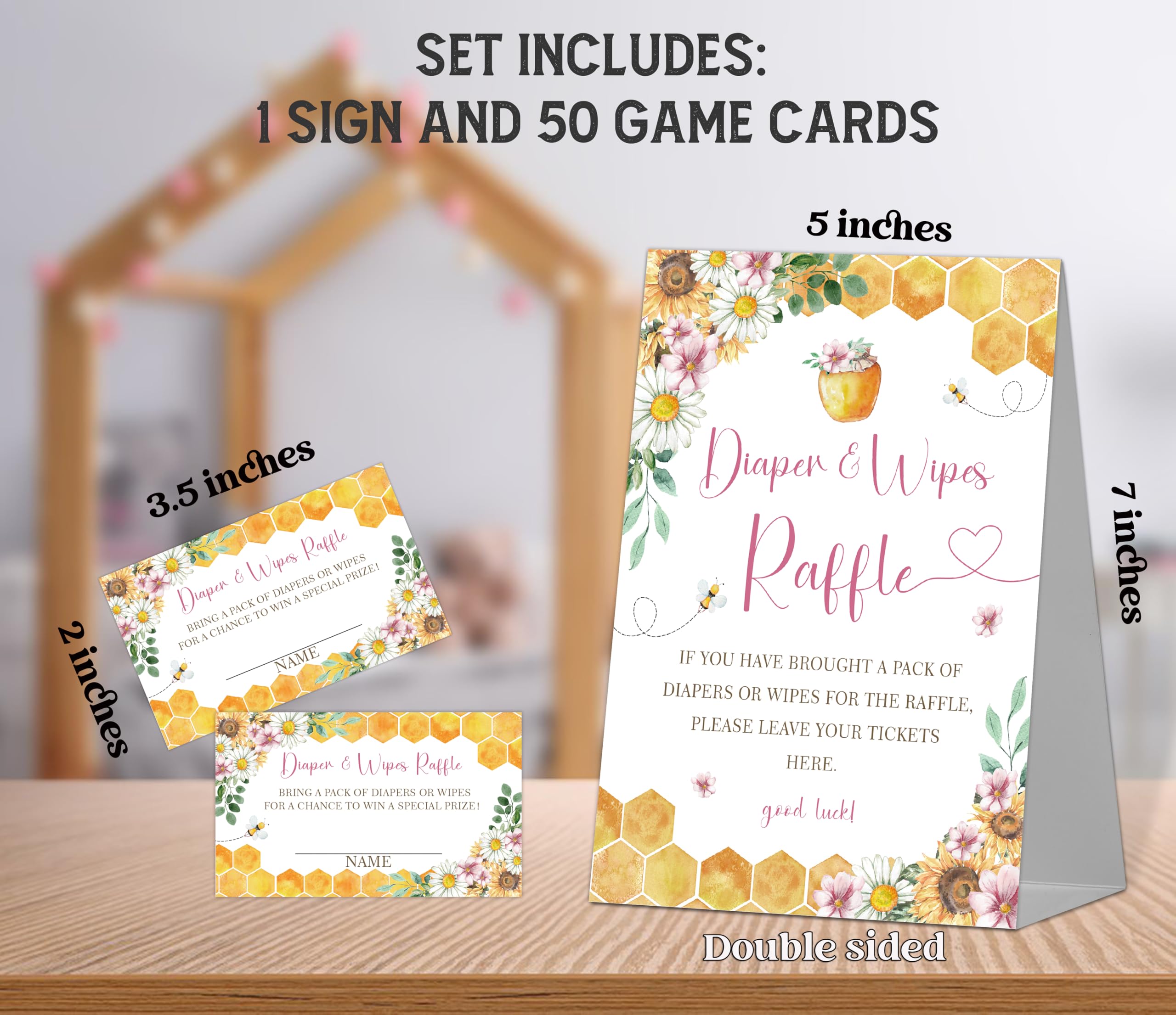 Baby Shower Diaper Raffle Game - 1 Standing Sign & 50 Tickets, Honey Bee Theme (Sign 5x7 In)