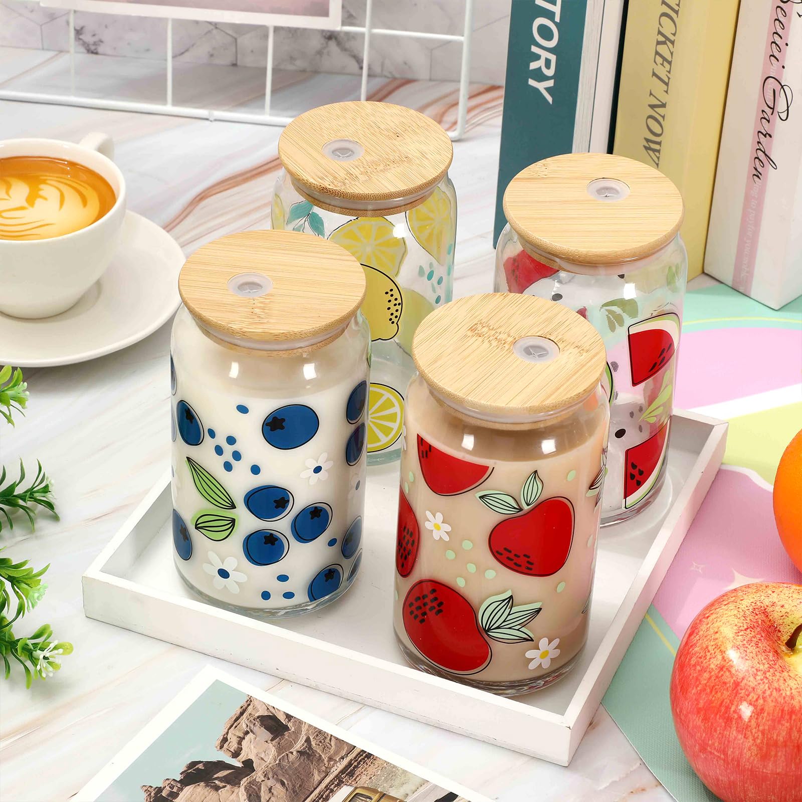 Whaline Frucht-Trinkgläser, buntes Obstglas, 473 ml, Eiskaffeebecher mit Deckel und Strohhalm, für Sommer-Cocktails, Whiskey, Bier, Limonade, Geschenke, 6 Stück