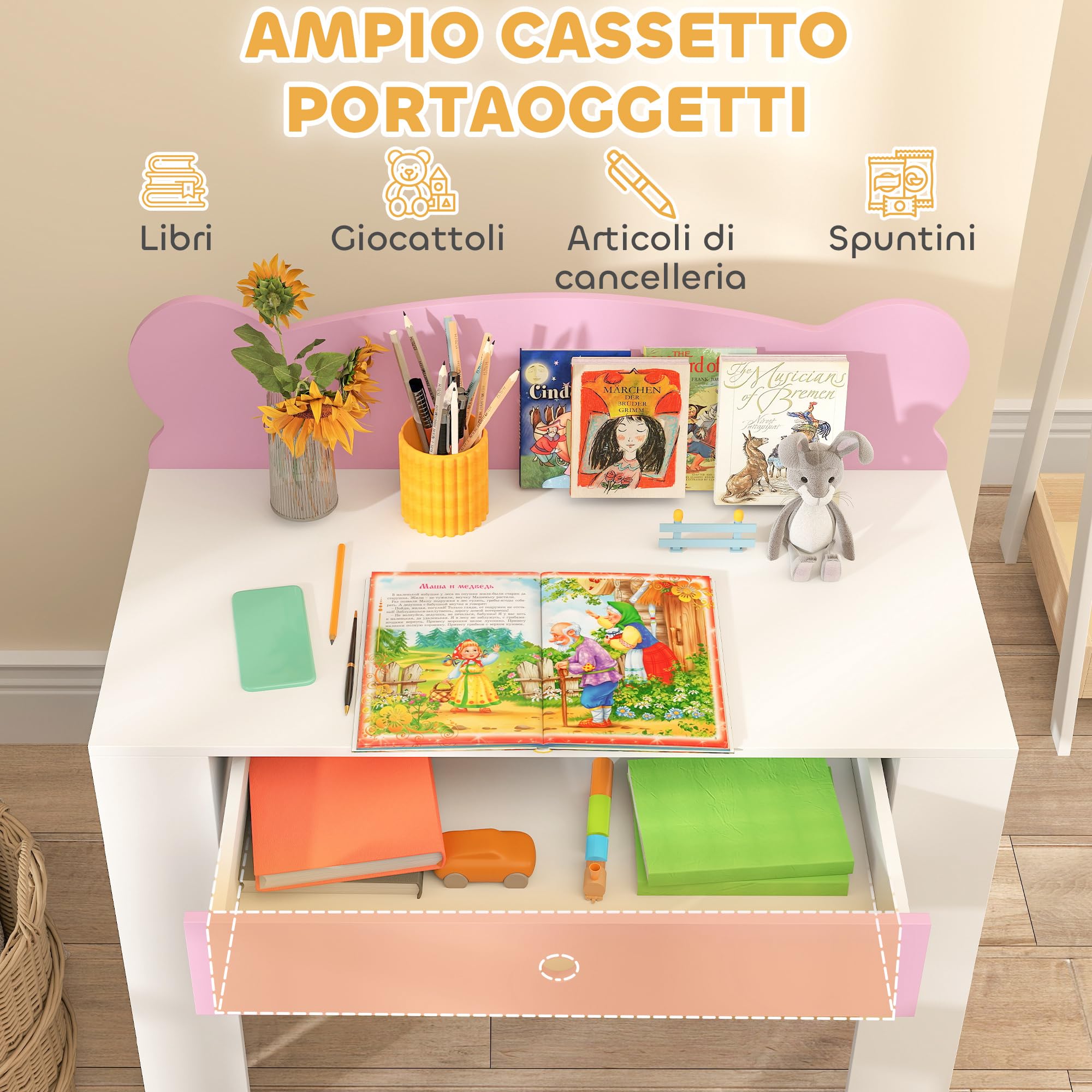 AIYAPLAY Set Scrivania per Bambini con Sedia, Tavolo da Studio con Cassetto, Schienale a Forma di Orsetto, Età 3-8 Anni, Rosa