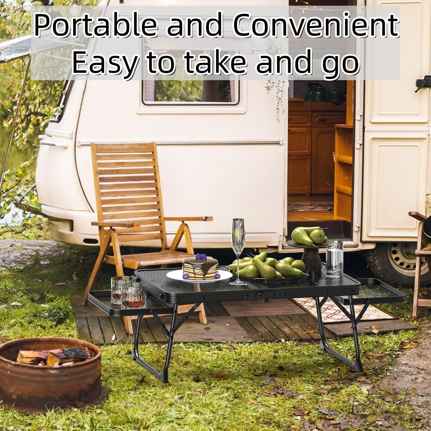 Delavala Foldable Outdoor Camping Table with Grill Rack & Wing Panels, Lightweight Aluminum BBQ Picnic Table, Portable Travel Table with Storage Shelf & Handle 2
