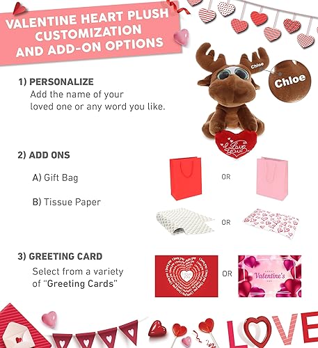 Miniatura 2 de DolliBu I Love You - Peluche de San Valentín con alce brillante de ojo grande, lindo animal de peluche con corazón rojo y nombre, regalo