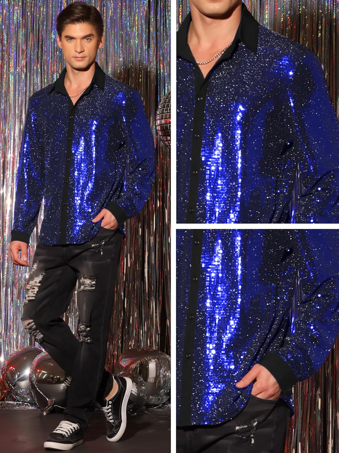 Lars Amadeus Sequin Shirts for Men's Long Sleeves Button Down Disco Party Metallic Shiny Shirts