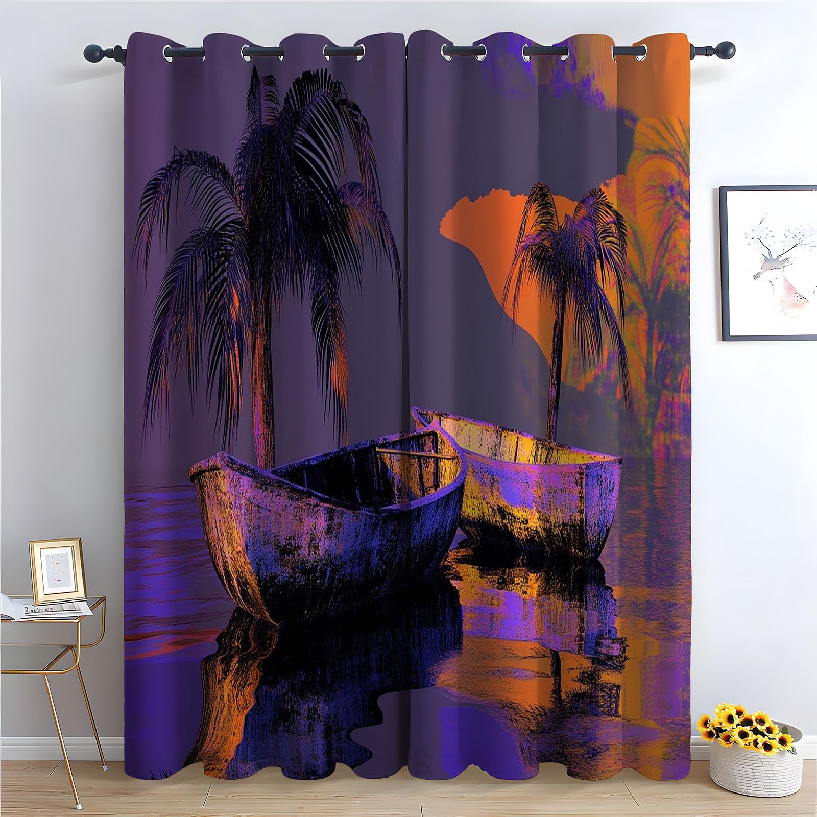 WIKEO Boho Green Floral Blackout Curtains Night Abstract Seascape Bedroom Drop Eyelet Drapes for Living Room, Thermal Insulated Window Curtain Panels 2 Panels-52 W x 96" L (Pack of 2)