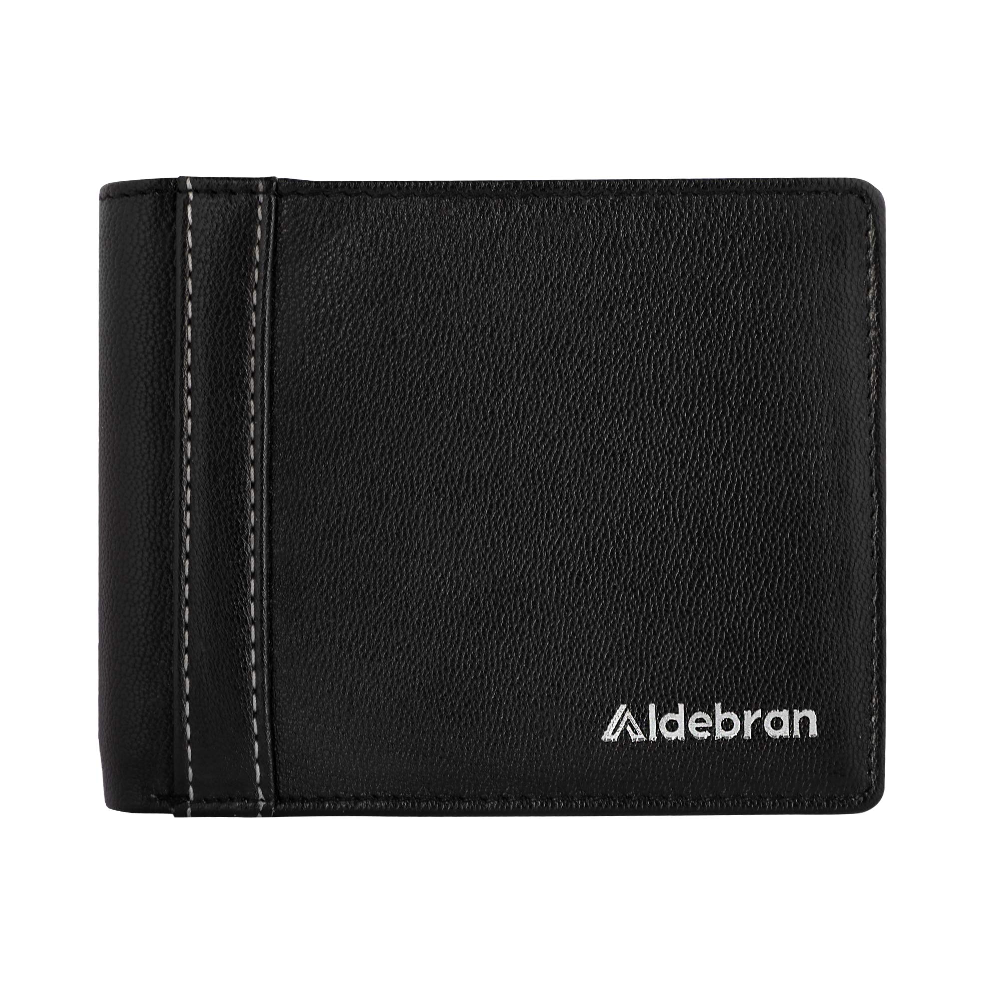 aldebranMen's Full Grain Cowhide Leather Wallet - Jet Black, RFID Protected, Slim & Stylish Design with Credit Cardholder, Gift Box Included
