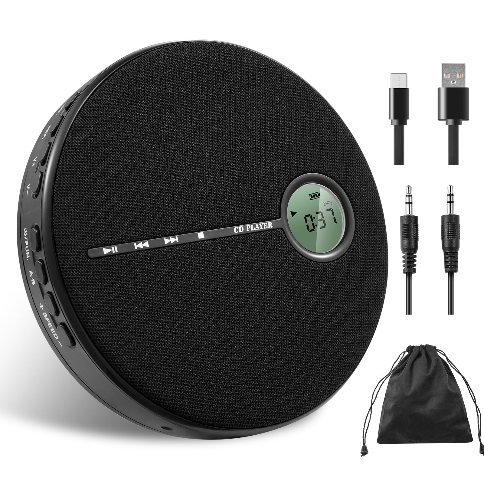 Gelielim Portable CD Player Bluetooth, Personal Discman CD Player for Car & Home,Small Fabric Music Player with Anti-Skip Protection, A-B Repeat,10 Speeds,Stereo Speakers,Supports CD/AUX/USB, Black-image-37