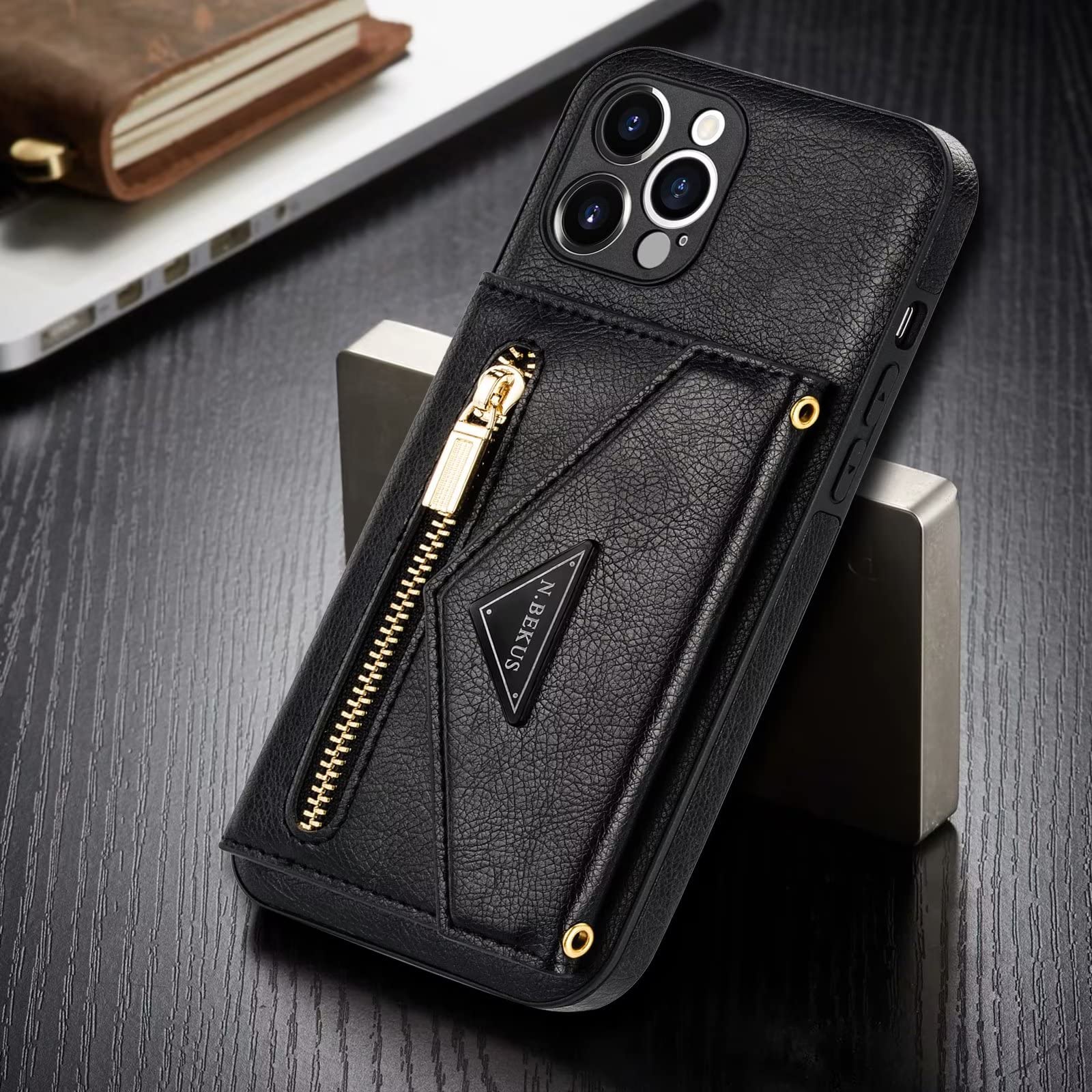 ESONG Hoesje voor iPhone 14 Pro,Shockproof Wallet Case Cover met Kickstand,Card Holder[Crossbody Volledige Beschermhoes][Leather Sleutelkoordhoesjes][Meisje mobiele telefoon hoes],zwart