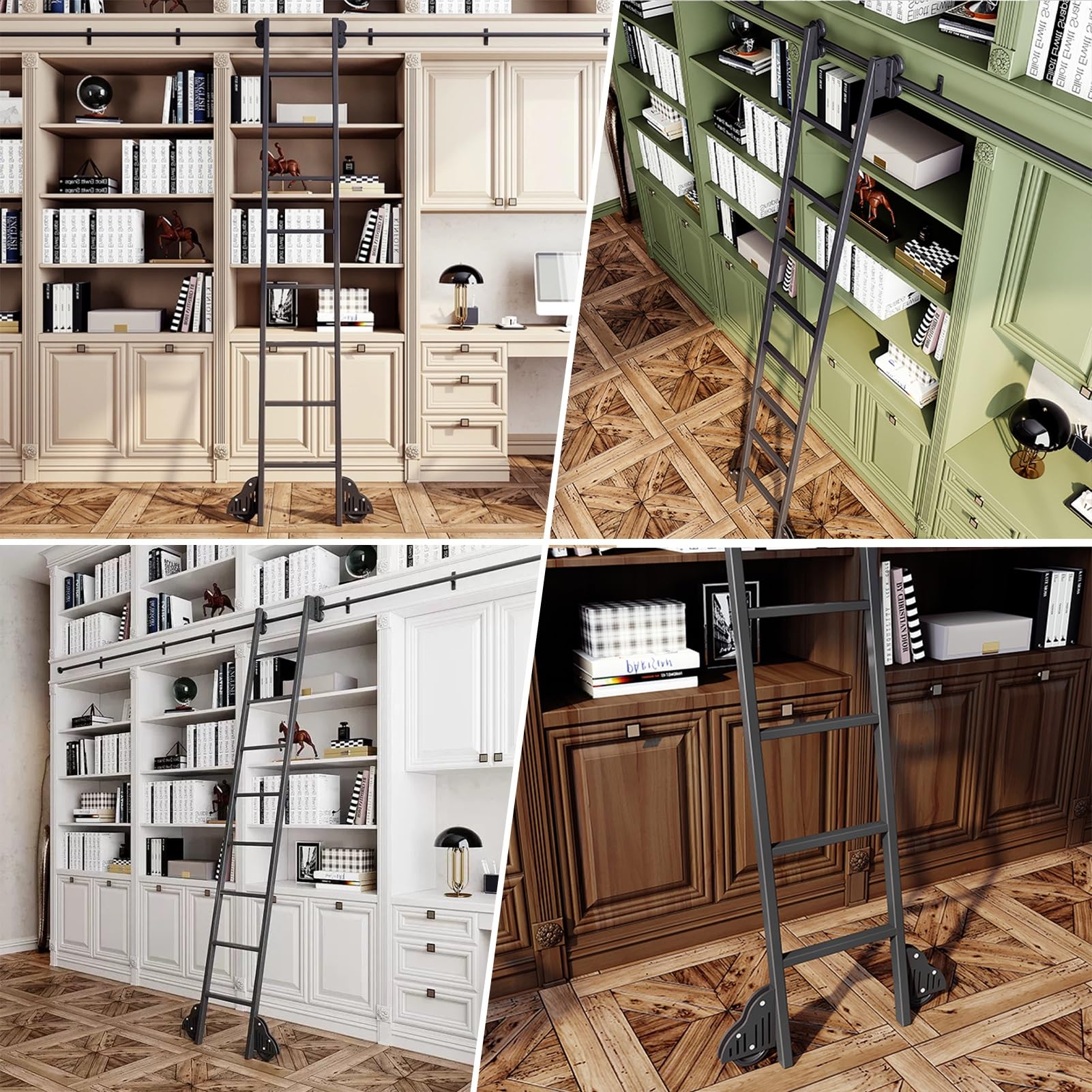 Kit de rieles para escalera de Biblioteca con ruedas, escalera deslizante Negra, herrajes completos para hogar, cocina y vinoteca, riel con ruedas para piso (sin escalera