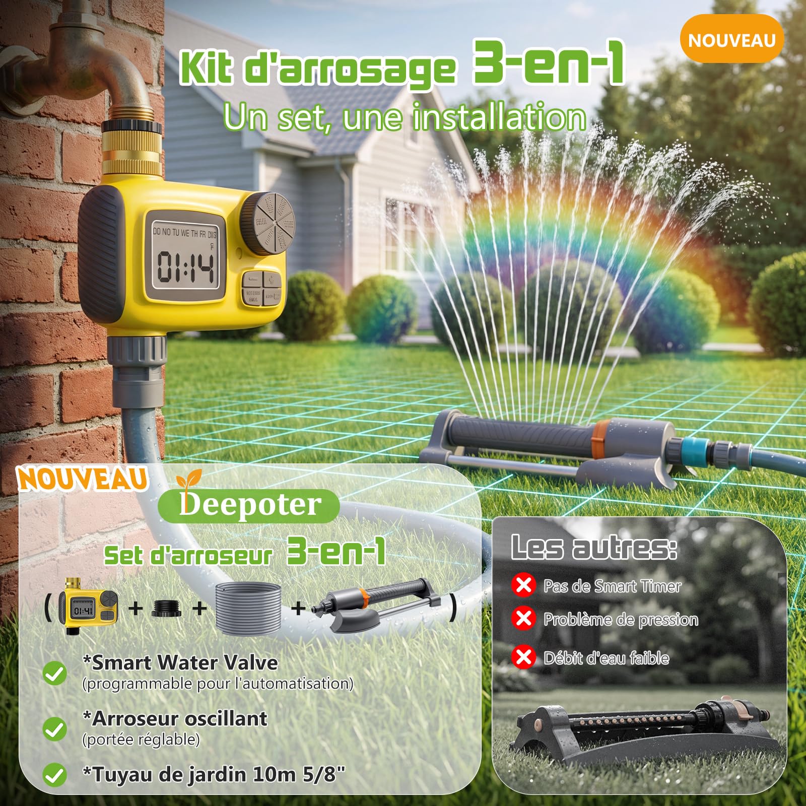 Arroseur Oscillant Programmateur Arrosage 10m Hose 3 en 1 Kit