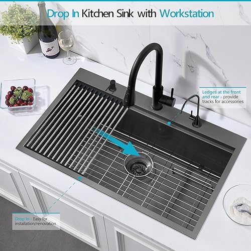 Miniatura 3 de ZDHHT - Fregadero de cocina con estación de trabajo de 33 pulgadas, color negro, calibre 16, montaje superior, 33 x 22 x 10 pulgadas de profundidad,