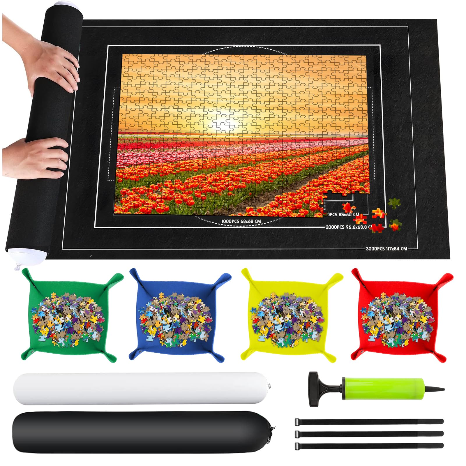 Tapete Puzzle 1500 Piezas, Alfombra Puzzle 1500 1000 500 Pezzi, Portátil Fieltro Estera de Rompecabezas,116x66cm, Tapiz Puzzle Enrollable, Negro