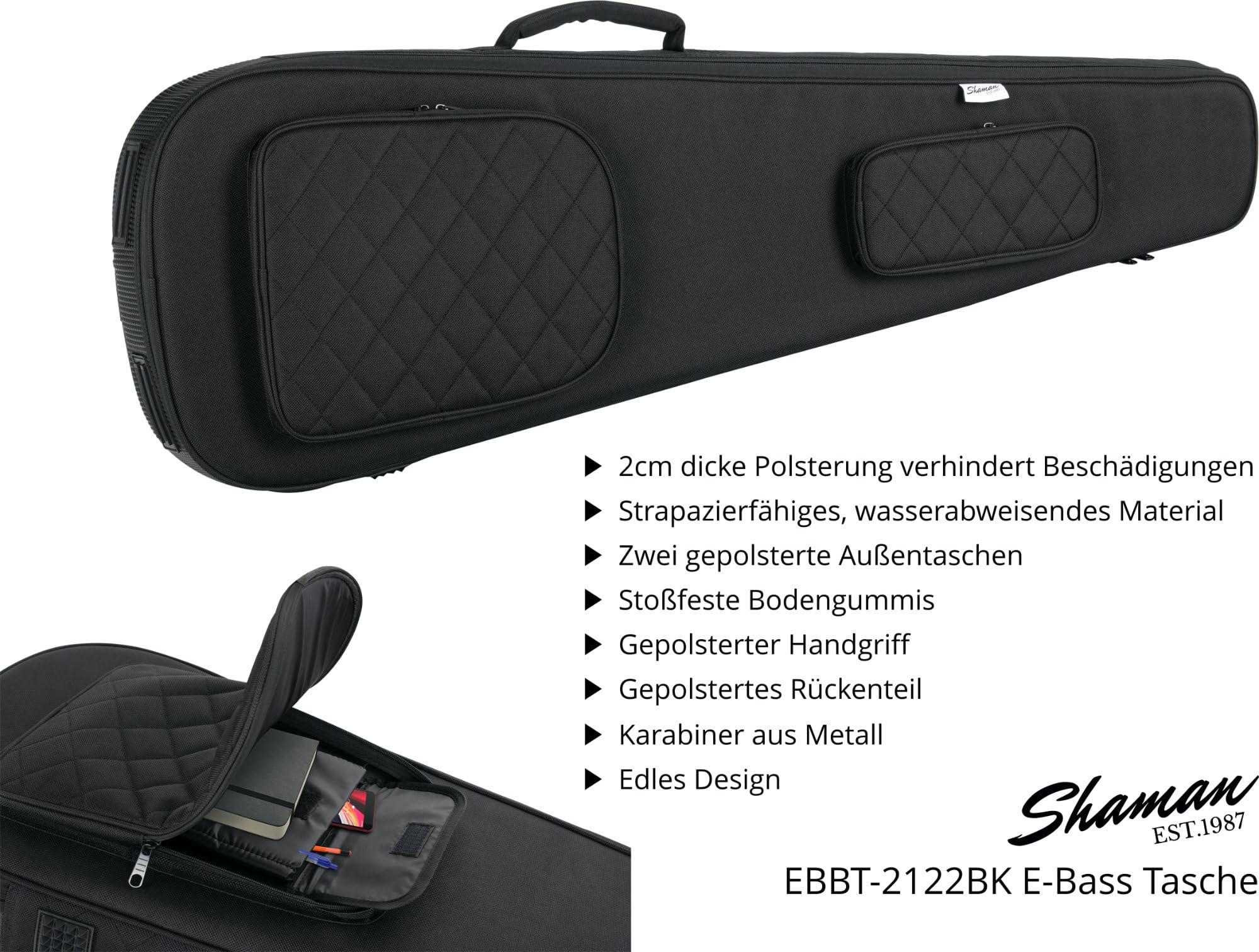 Shaman EBBT-2122BK E-Bass Tasche - Dick gepolsterter Gigbag für E-Bässe - Verstellbare Halsstütze mit Klettsicherung - Gepolsterte Außentaschen - Extra Tablet-Fach - Versenkbare Rucksackgarnitur