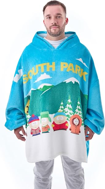 South Park Mens Wearable Blanket | Adults Oversized Fleece Blanket Hoodie in Blue Sherpa Linned