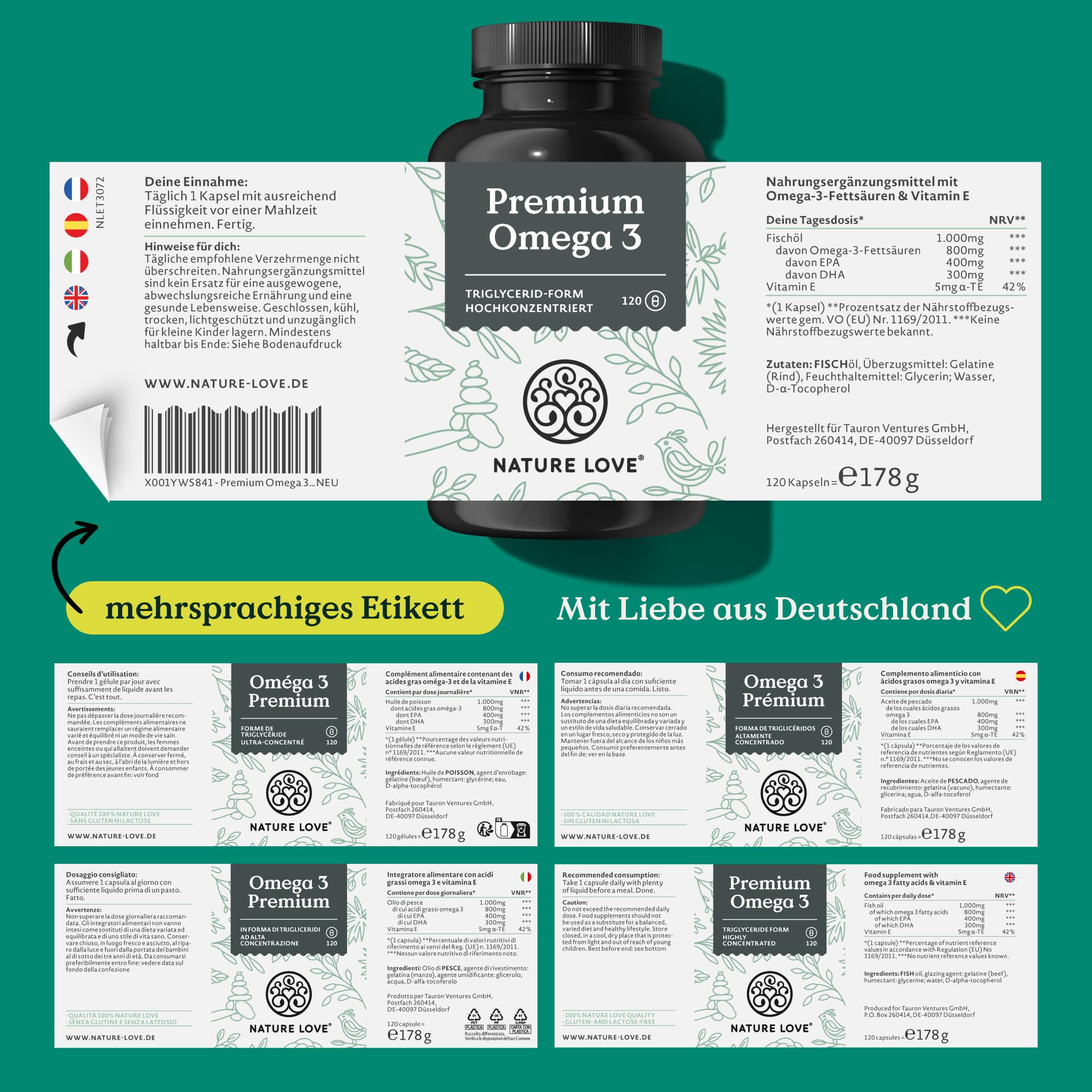 Nature Love Premium Omega 3 - hochdosiert - 1000mg pro Kapsel - 120 Kapseln | 80% EPA & DHA Anteil - hoch bioverfübar durch Triglycerid-Form - aus nachhaltigem Fischfang gewonnen