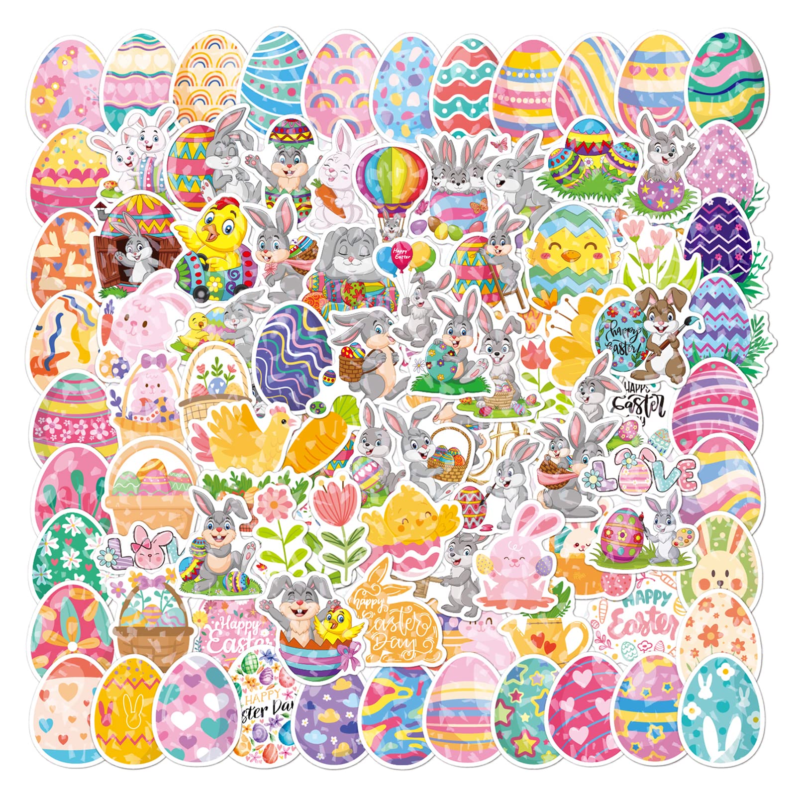 2024 New Holographic Easter Stickers for Kids & Adults, 100Pcs Cute Easter Bunny Rabbits Eggs Vinyl Waterproof Stickers for Water Bottle Laptop Phone Skateboard Cups Envelopes Cars