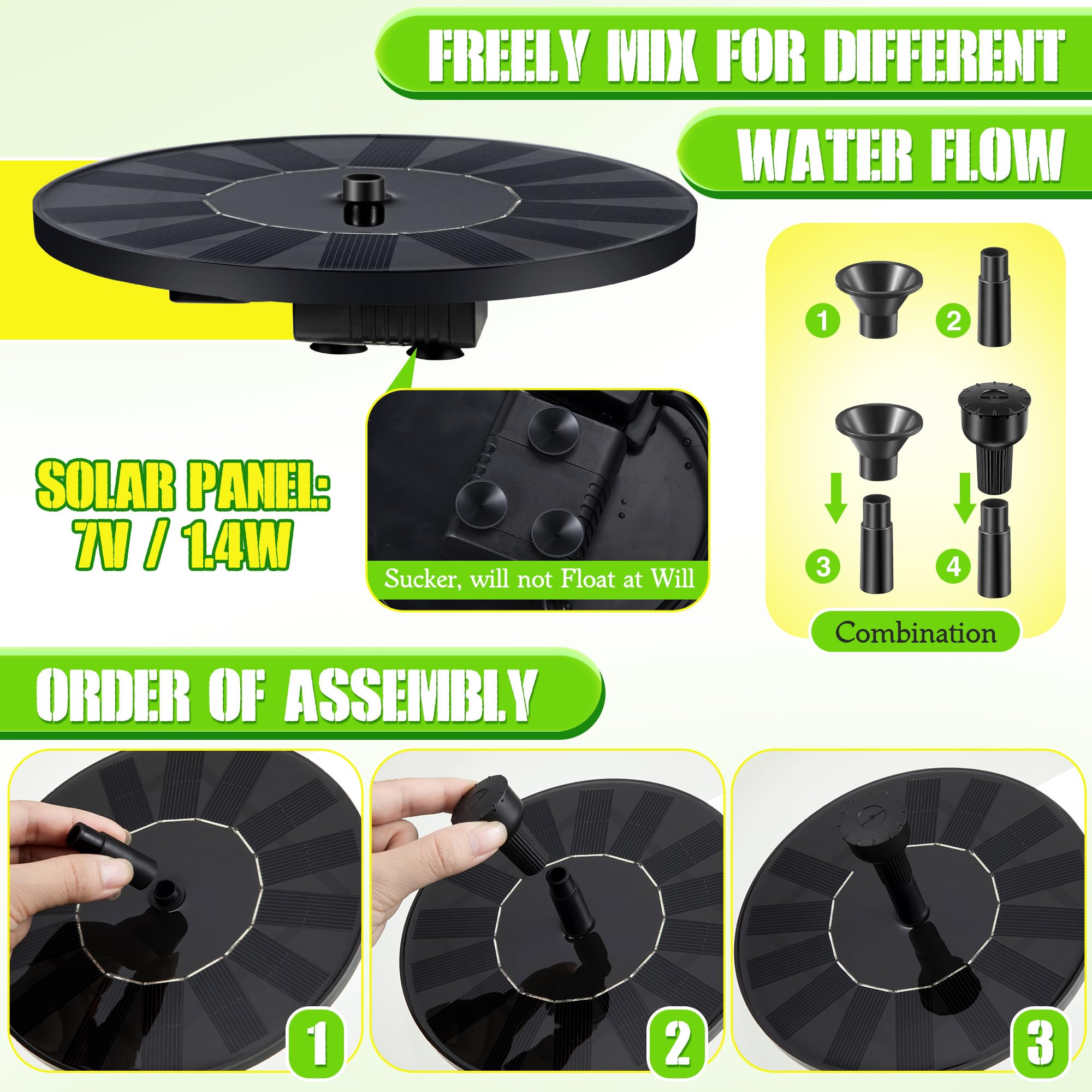 Fuente solar de baño para pájaros para exteriores con 4 patrones de agua | Juego combinado de bomba de agua de colibrí con energía solar colgante para jardín, patio, césped
