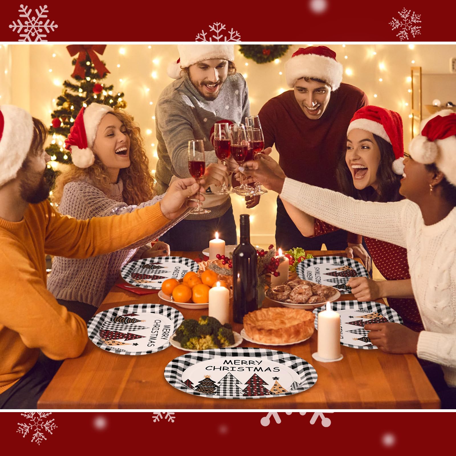 100 platos ovalados desechables de Navidad, platos de papel de búfalo a cuadros para árboles de Navidad, platos de papel desechables de 10 x 12 pulgadas, regalos de Navidad, juego de platos de papel