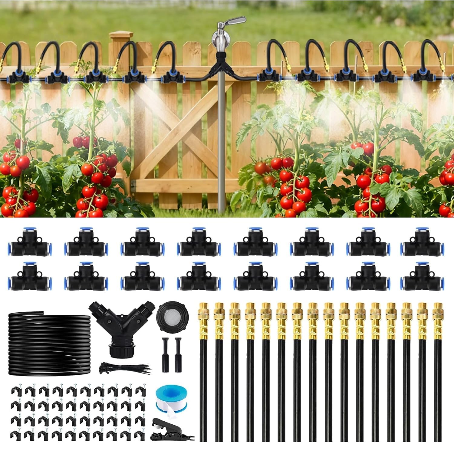 360° Adjustable Irrigation System Kit, 100FT Quick-Connect Garden Watering System Plant Watering Devices with 16 Brass Nozzles for Gardens, Lawns, Plants & Greenhouses