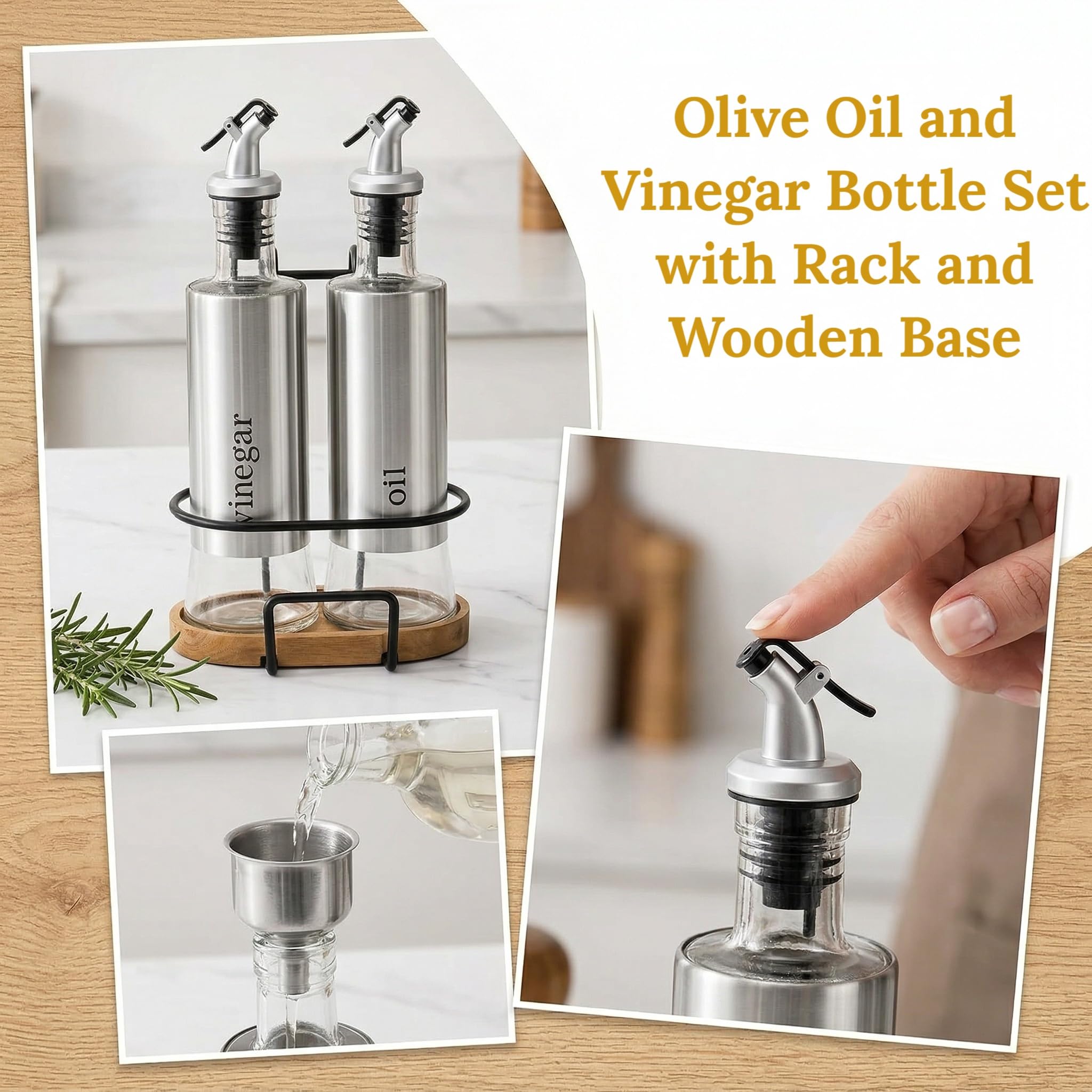 Tebery Olivenöl- und Essigflaschen-Set, 300 ml, mit Gestell und Holzboden, Glasspenderflaschen mit Ausgießern und Trichter für die Küche, 2 Stück