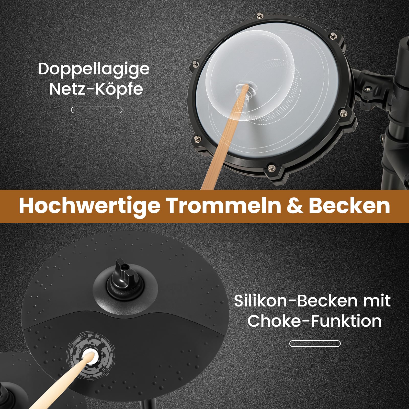 COSTWAY Zestawy E-Drum składane, 8-częściowy zestaw perkusyjny z padami mesh, 225 dźwięków i 30 demonstracji, metronom i USB MIDI, 2 pedały i 2 pałeczki perkusyjne, kompletny zestaw perkusji
