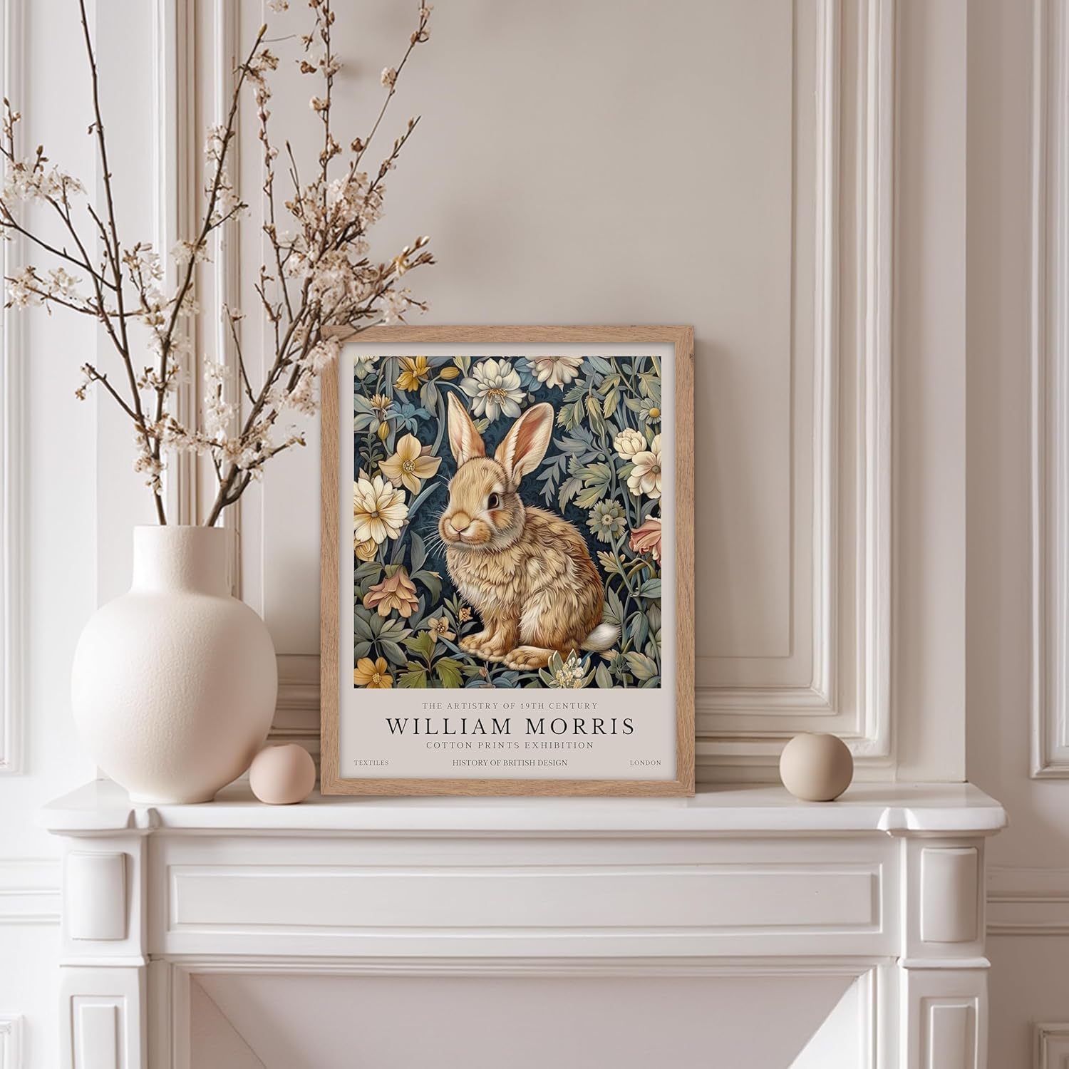 Monem Art William Morris Poster - Rabbit Print - Flower Art - Exhibition Piece - Animal Illustration - Floral Design - Bunny Portrait - Aesthetic Office or Bedroom Decor - 8x10 Beige Framed