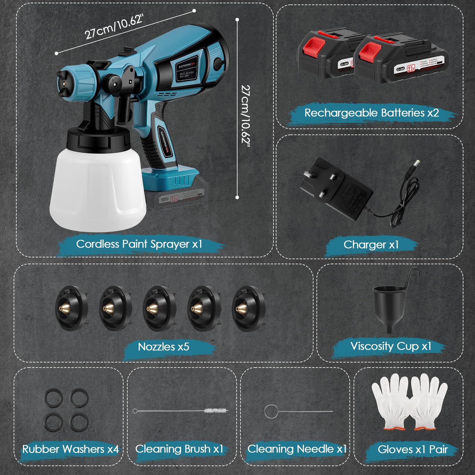 Pistolet à Peinture sans Fil, Pistolet à Peinture Électrique HVLP pour Clôtures avec 2 Batteries de 3000 mAh, 5 Buses et 3 Modes d'Application, pour Abris de Jardin Murs Plafonds Portes