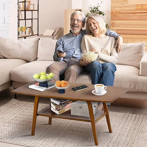 Miniatura 2 de Mesa auxiliar, mesa de centro de madera de alta gama con estante de almacenamiento y mesa abierta, mesa auxiliar rectangular de 2 niveles para sala