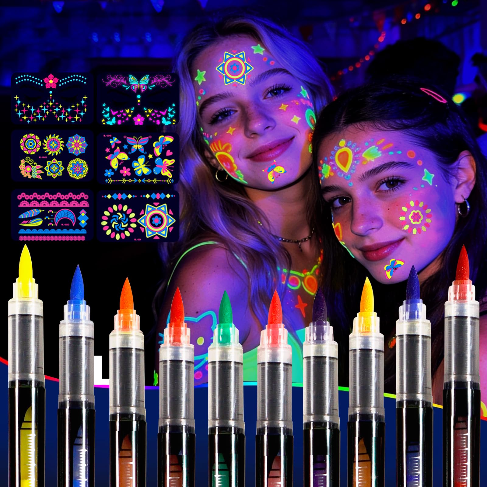 Glow Party UV Gesichts- & Körpermalstifte, Neon Schwarzlicht Bodypaint Marker, fluoreszierende Tattoo Stifte mit Leuchtstickern