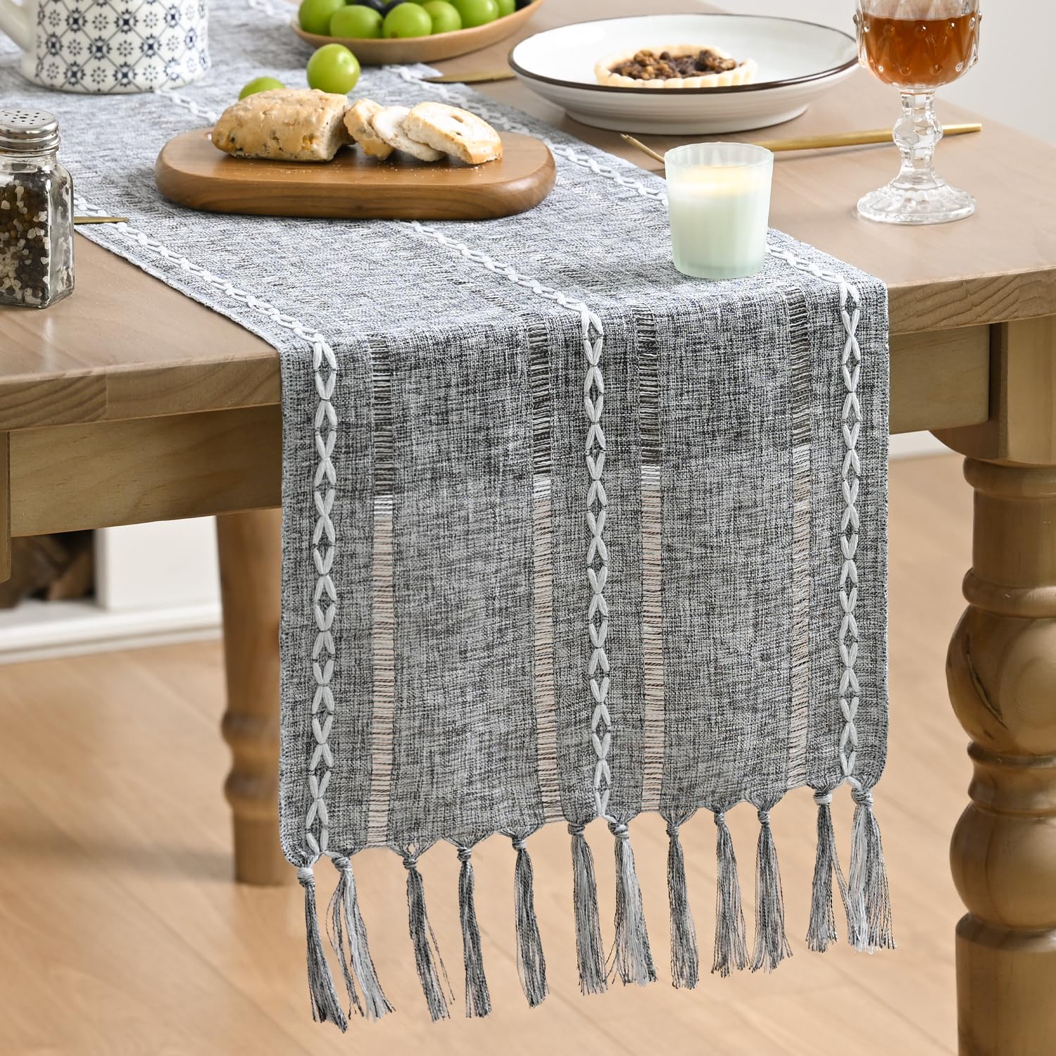 Artoid Mode Boho Dark Grey Tassel Table Runner, Farmhouse Style Kitchen Table Decoration Holiday Wedding Party Dinning Birthday Decor 33x183 cm