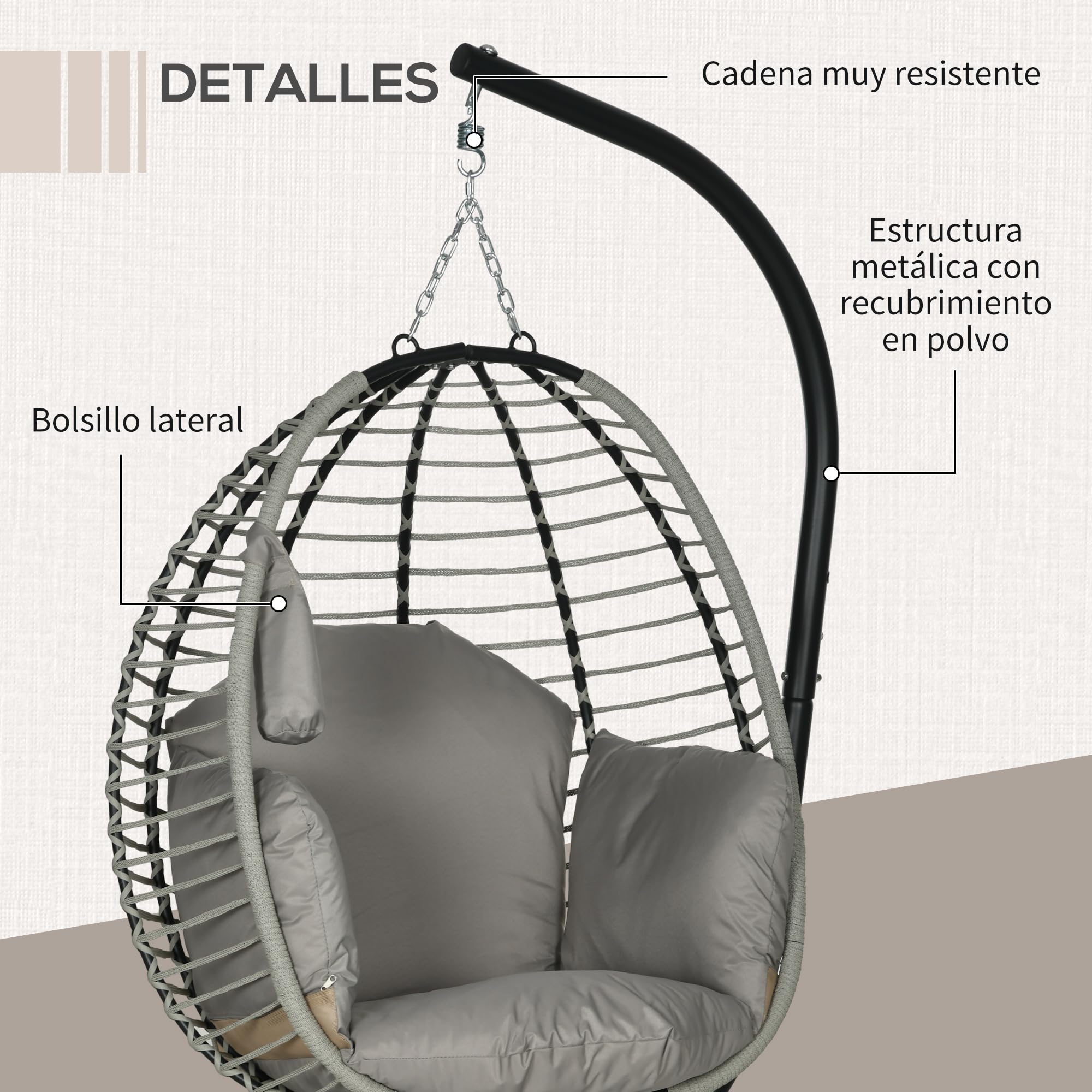 Outsunny Silla Colgante Huevo con Soporte Columpio de Jardín Exterior con Cesta Plegable Reposacabezas Cojín Bolsillo Lateral Columpio Colgante para Interior y Exterior Carga 120 kg Gris