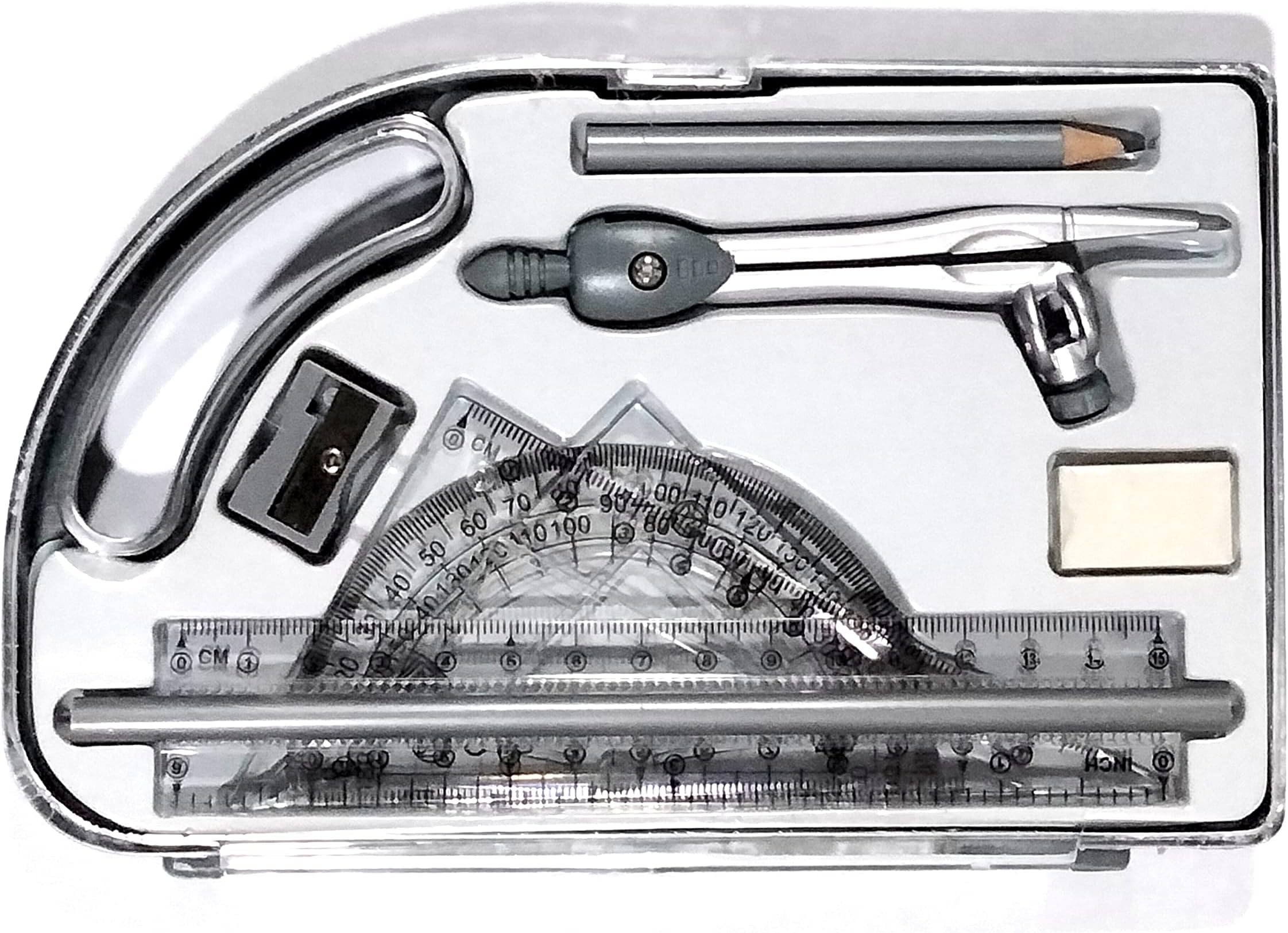 Grey Geometry Box/School Compass Set for Kids with 9 pcs (1 Protractor, 3 Rulers, 2 Lead Pencils, a Compass, an Eraser and a Sharpener)