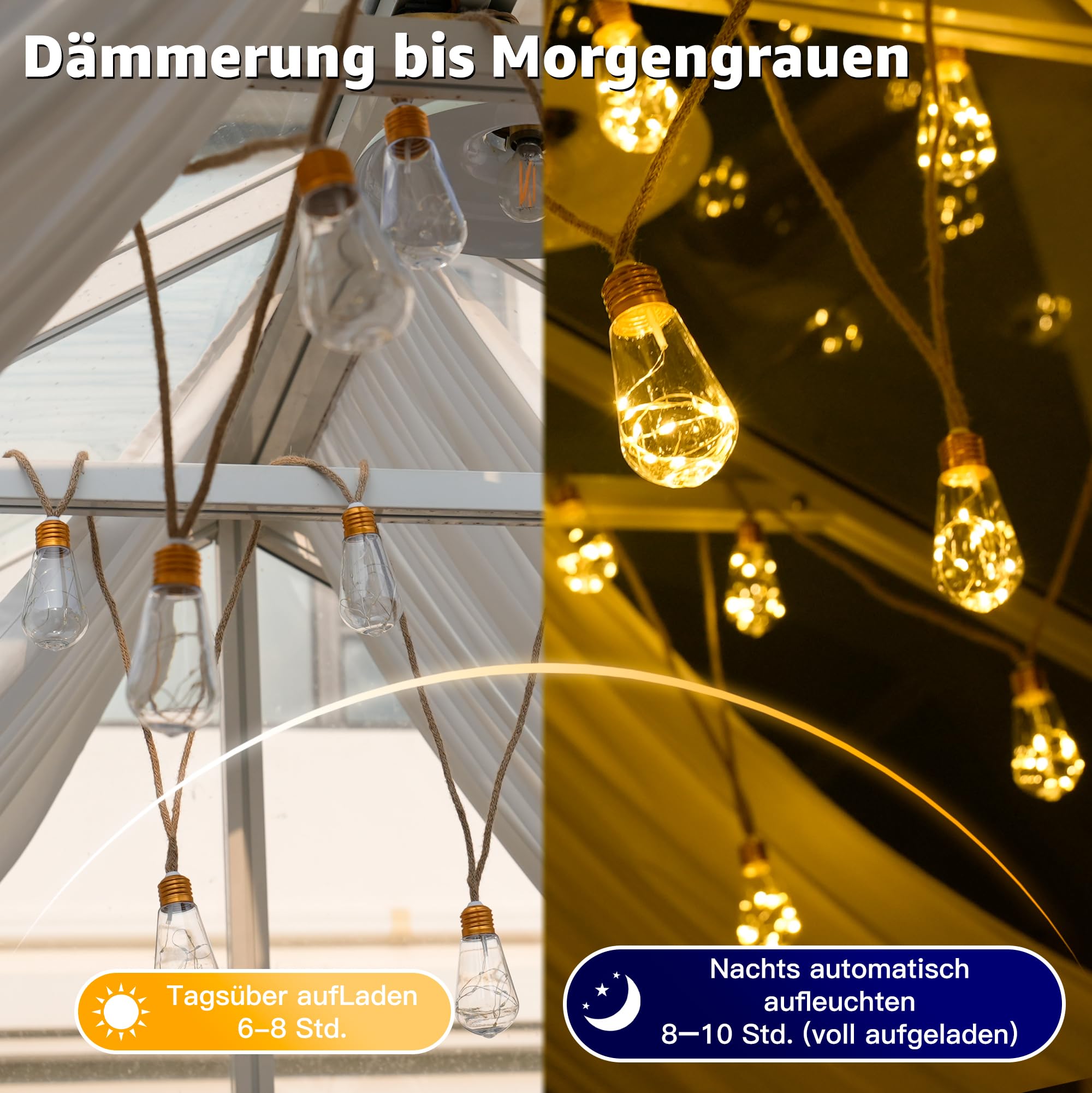 Ollny Solar Lichterkette Aussen, mit 24 S17 Glühbirnen 12M Lichterketten Außen Wetterfest, 8 Modi Timer Dimmbar für Vintage Deko Garten Balkon Terasse Hochzeit Party