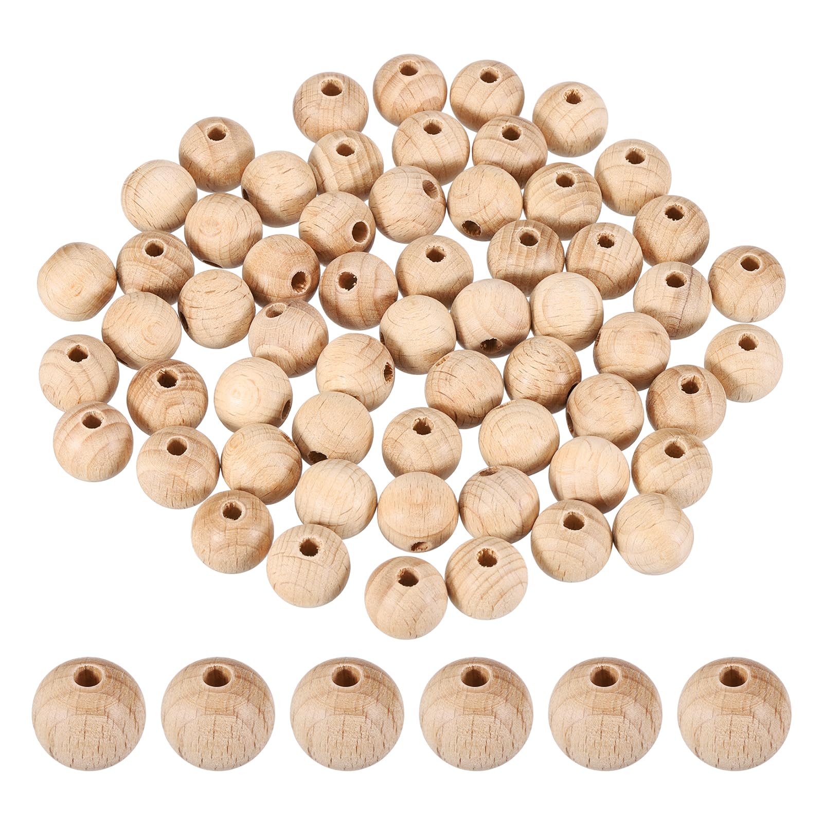 sourcing map 60 Pcs 15mm Wood Beads, Pure Natural Round Wooden Beads