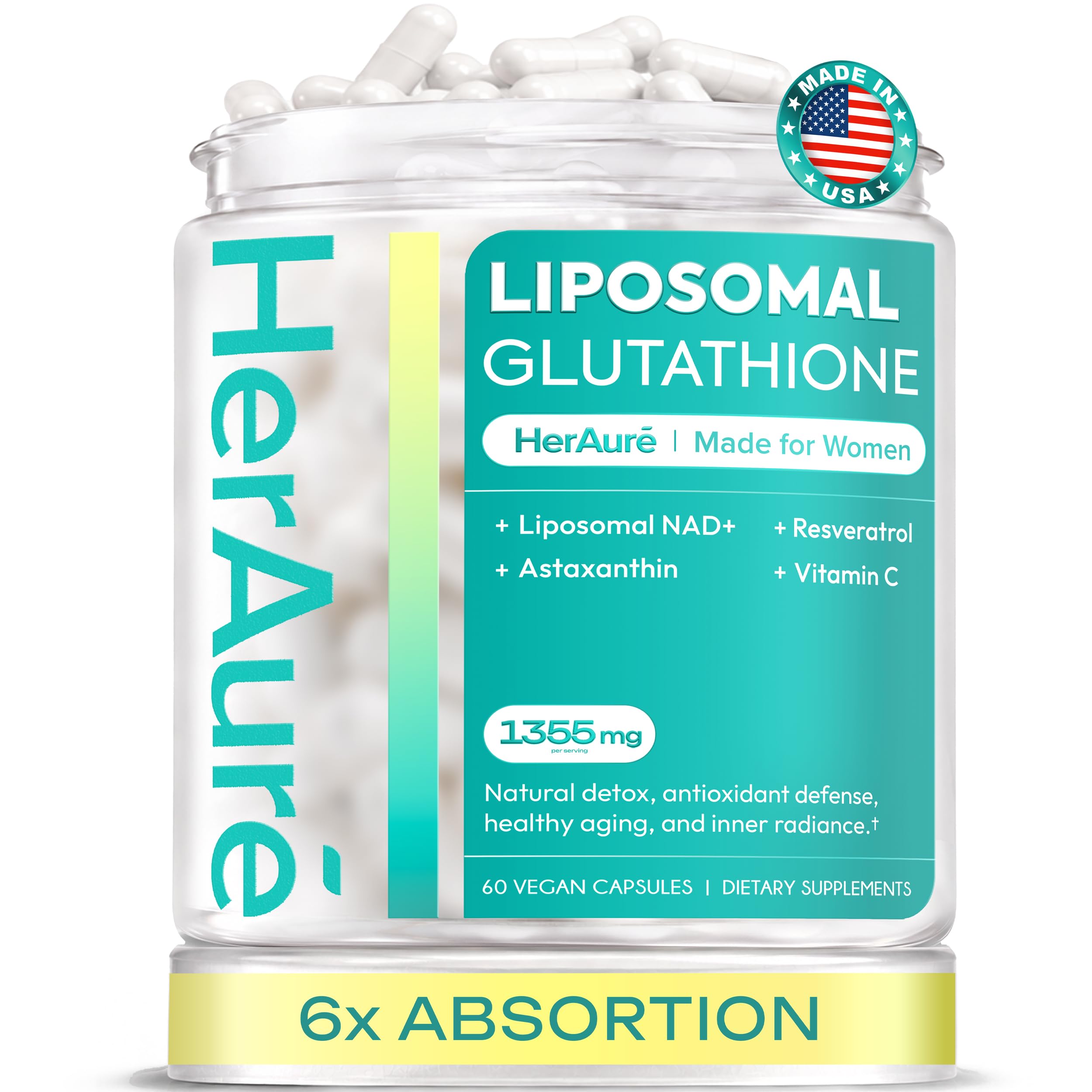 HerAure Liposomal Glutathione 1355mg, Ultra High Absorption,60ct