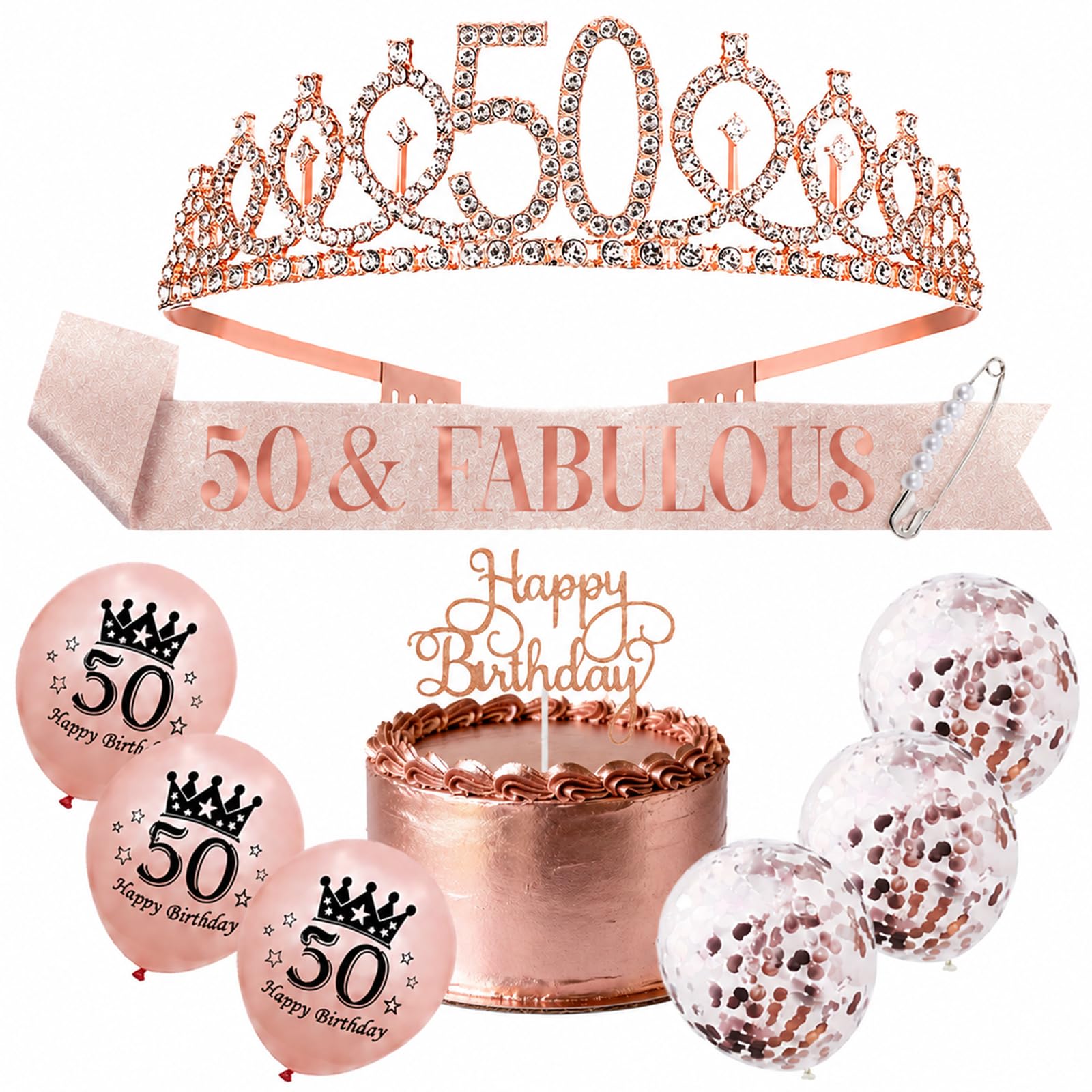 Rose Gold 50th Birthday Decorations Kit - Crystal Tiara Crown with 50th Birthday Sash, Tiara, Happy Birthday Cake Toppers, Balloons, Party Accessories for Girls Women Gifts(50th)