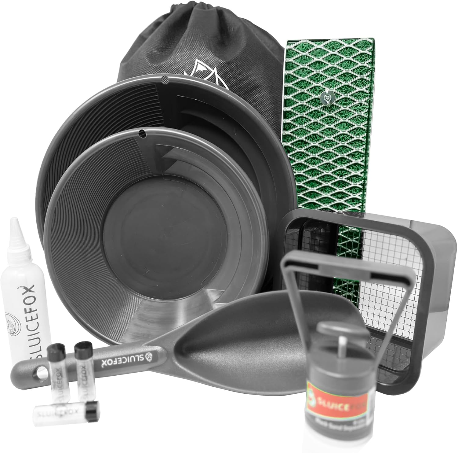Backpack gold panning kit with mini sluice box - Miners moss and gold trap sluice mat, black sand magnet separator, mini gold classifier, gold paydirt scoop, plato para buscar oro, free tote backpack