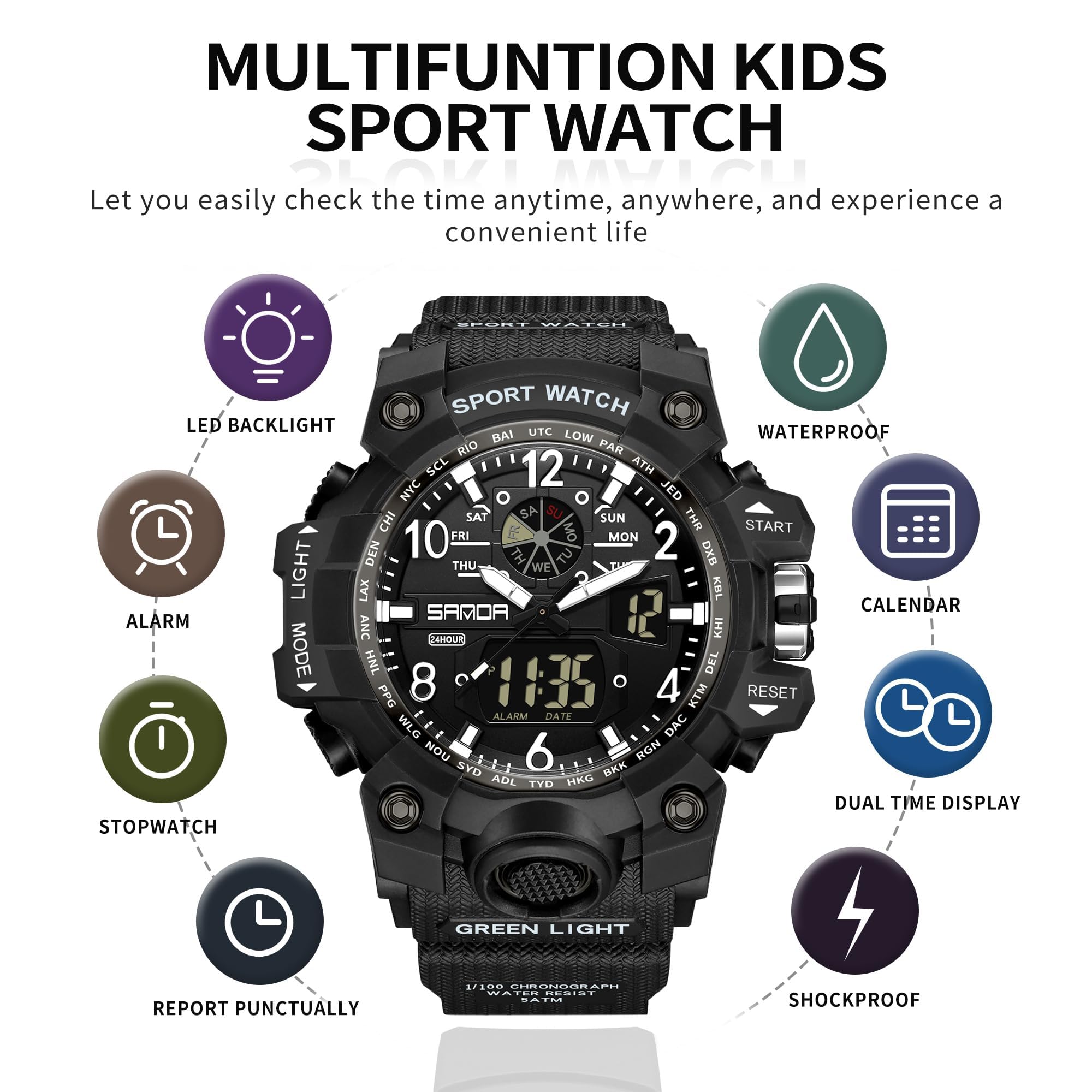 findtime Montre-bracelet numérique pour femme - Étanche jusqu'à 5 ATM - Montre militaire - Montre numérique pour garçons et filles - Montre de sport analogique numérique LED multifonction avec réveil