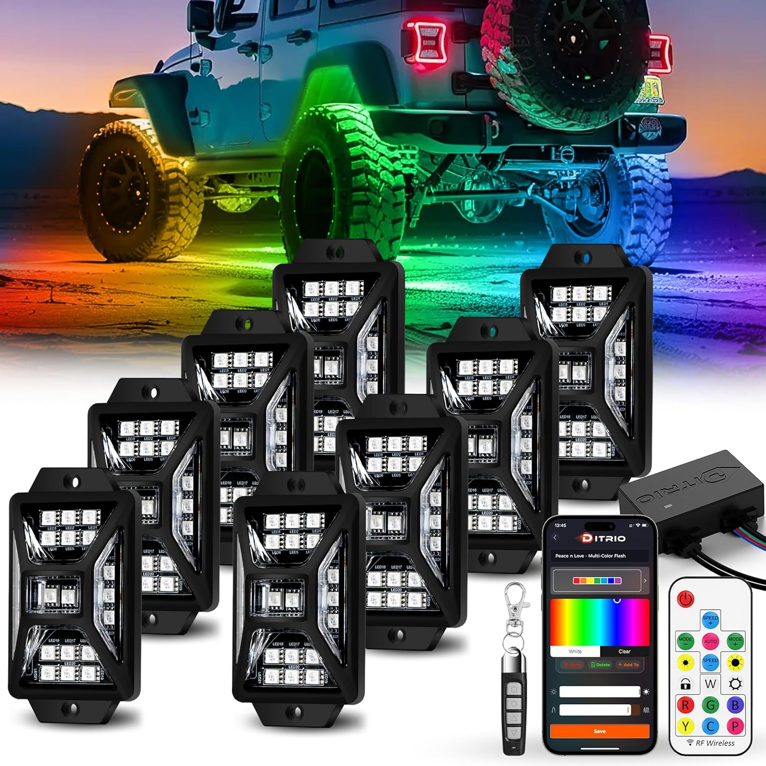 8 Pods Five Sided RGB Rock Lights for Trucks Jeep UTV SUV ATV Golf Cart, Multi Chasing Color App/Remote Control Led Rock Lights with Music Mode, Waterproof Exterior Underglow Kits for Cars