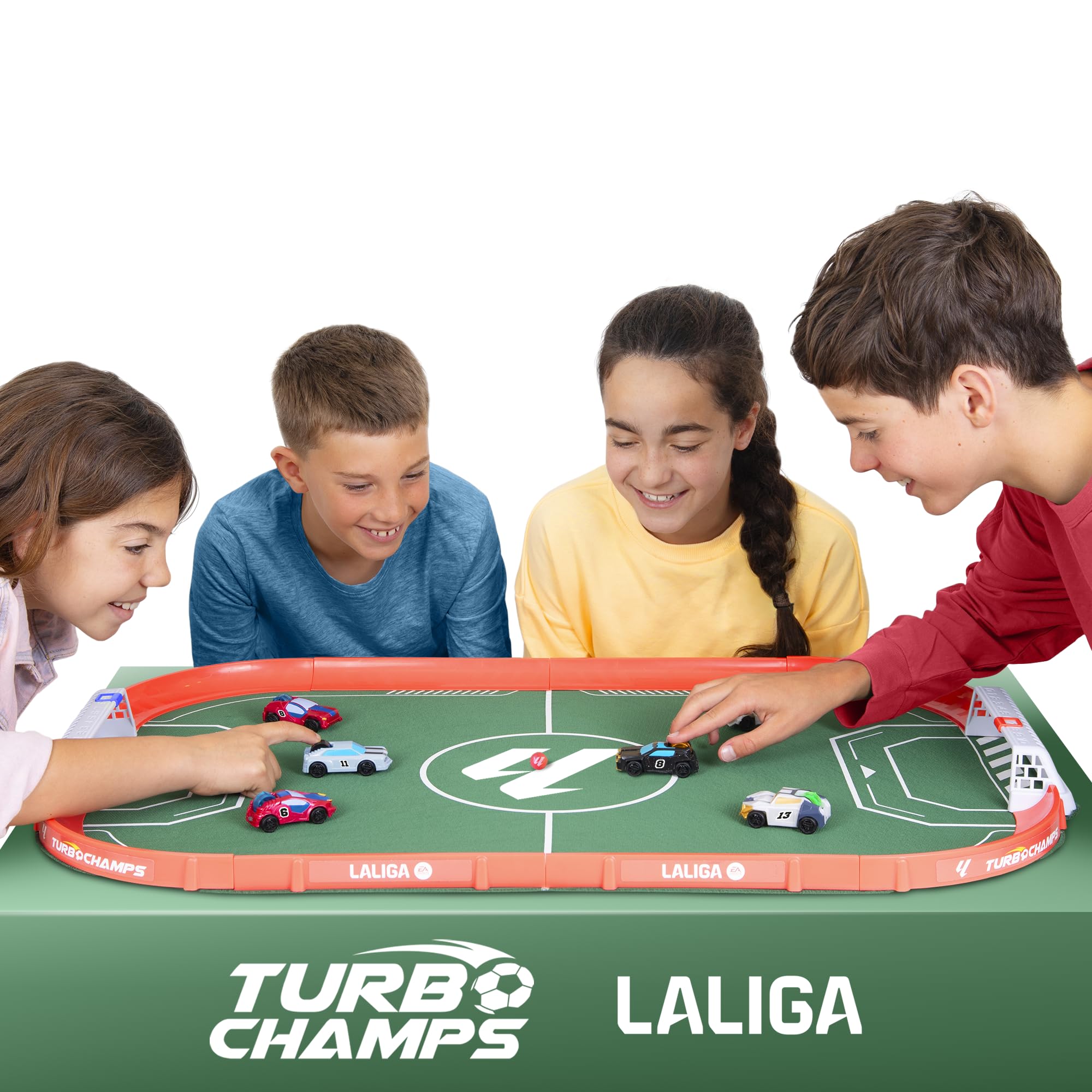 Turbo Champs Stadion LaLiga, z 2 ekskluzywnymi samochodami, pasja do piłki nożnej łączy się z emocjami samochodów, baw się samochodami ligowymi, zabawką dla chłopców i dziewcząt w wieku 6 lat