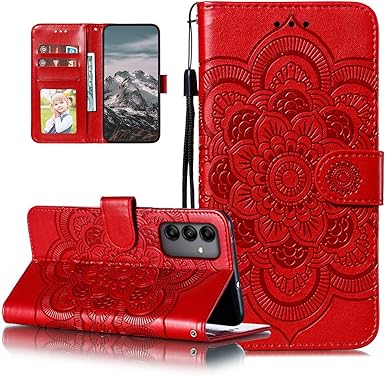 EYZUTAK Case for Samsung Galaxy A16 4G/5G, Premium Leather Magnetic Closure Flip Wallet Phone Case with Card Holder Cash Slot Stand Function Embossed Mandala Flower Slim Shockproof Lanyard Cover - Red