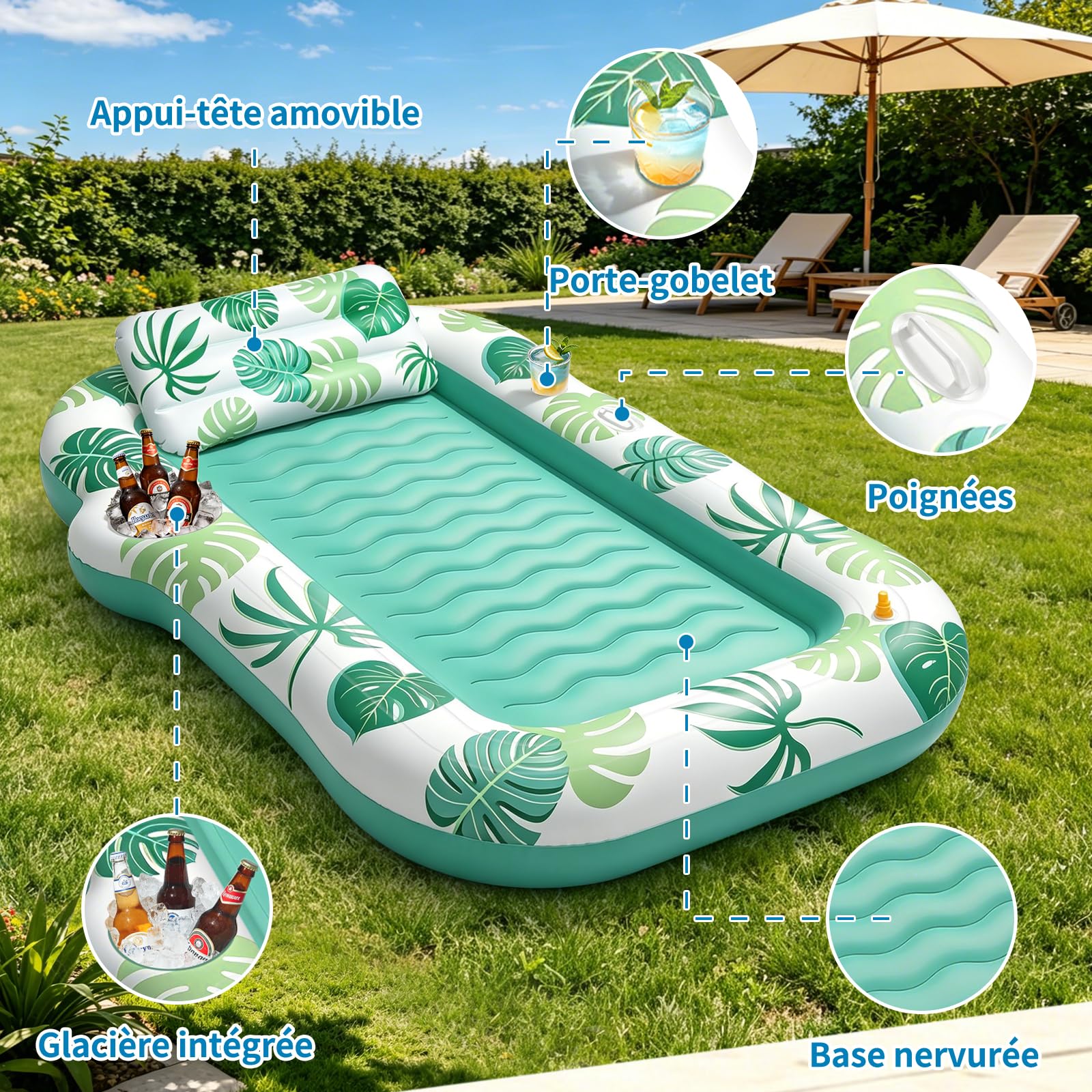 JONRRYIN Matelas Gonflable Piscine Adulte, Tanning Pool avec Fonction Brumisation & Porte-Gobelet, 215×150 cm Fauteuil Flottant, Hamac Gonflable pour Piscine et Plage
